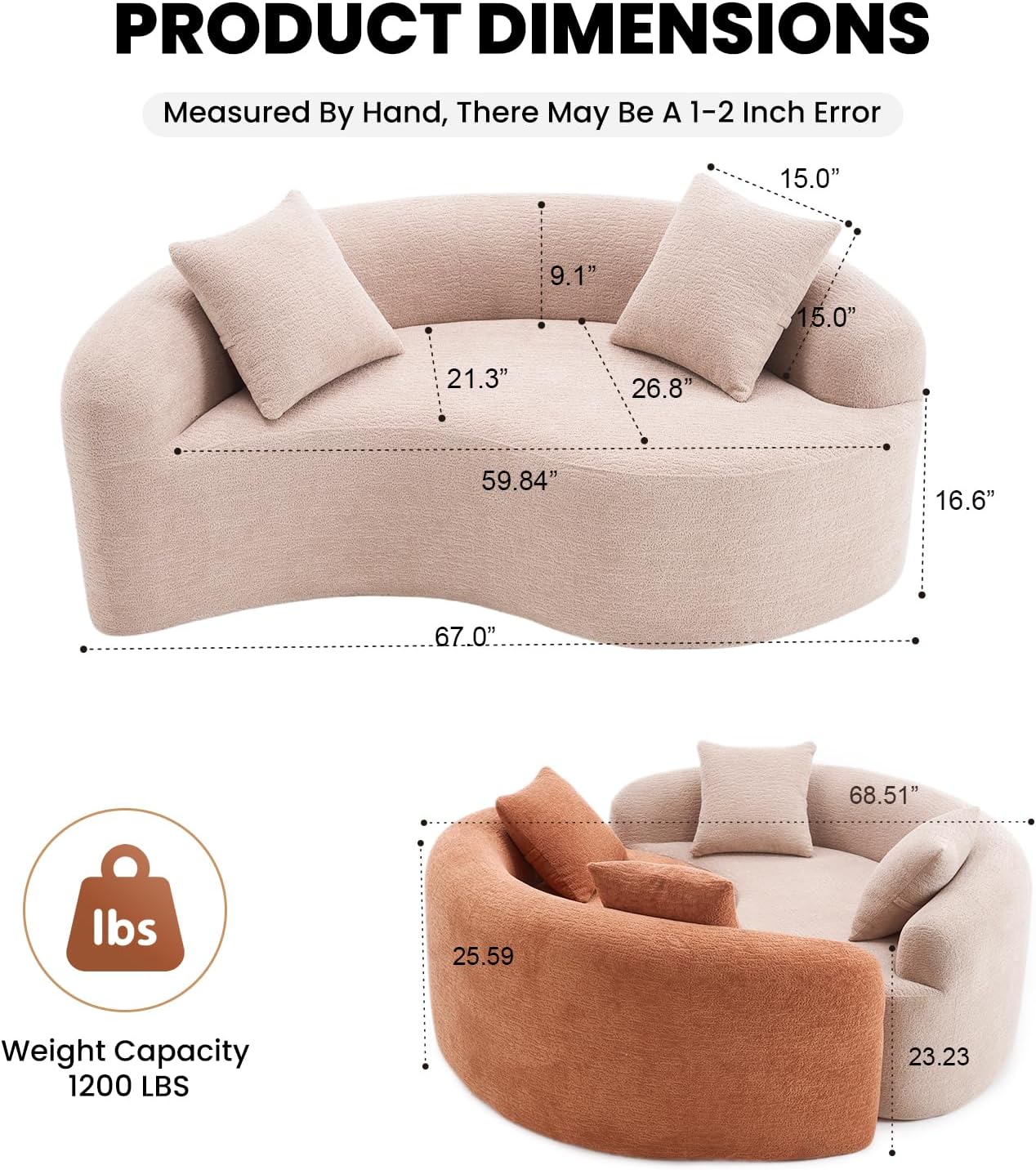 66.9'' Modular Sectional Loveseat, Chenille Upholstered Boneless Curved Loveseat with Deep Seat,Combination Round Sofa for Coffee Shop, Game Room, Office (Beige, 66.9 Inch)