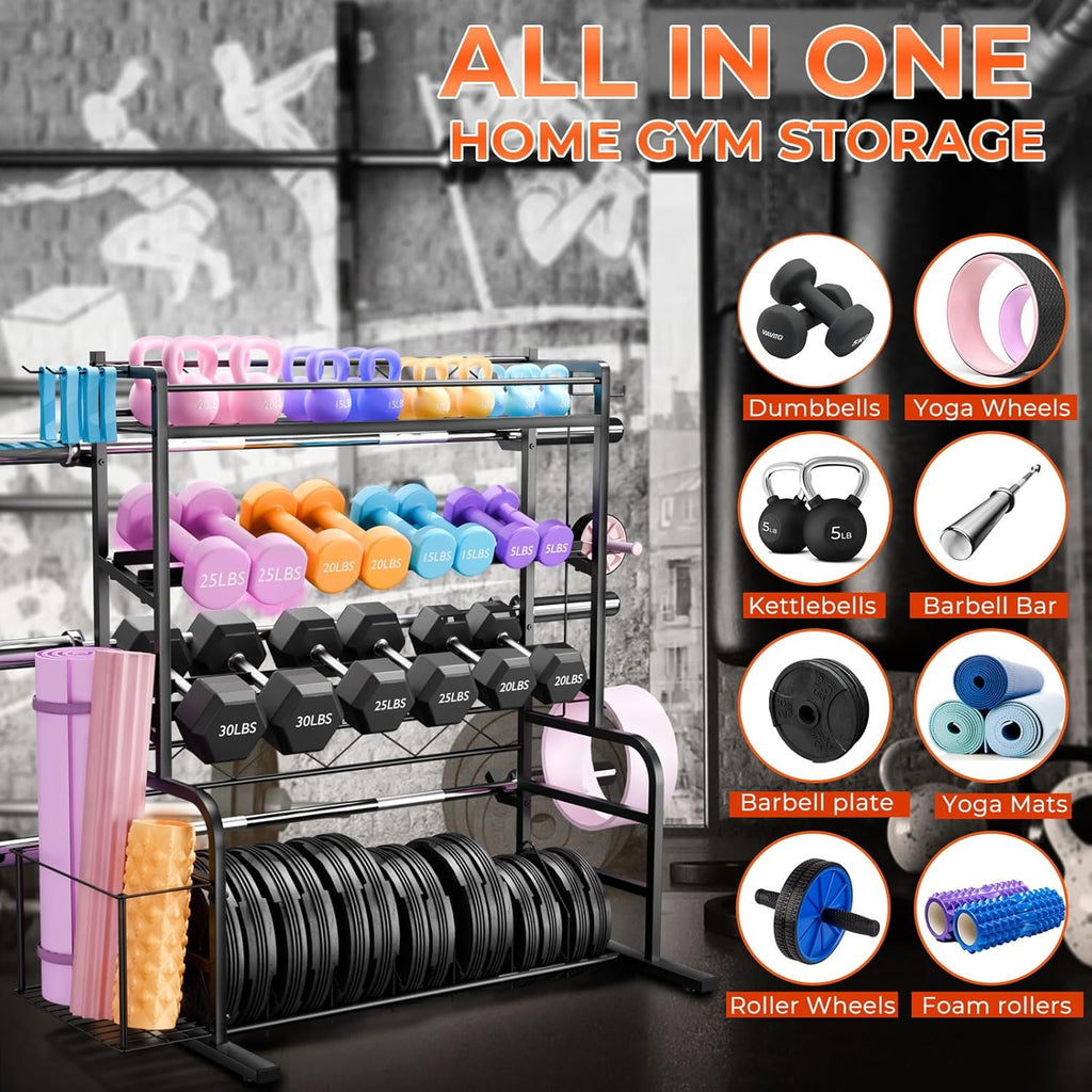 Upgraded XL Adjustable Weight Rack for Dumbbells - Barbell Holder Bumper Plate Storage Rack with 3 Olympic Bar Racks, Dumbbell Rack Weight Stand,Home Gym Storage Rack for kettlebells,Yoga Mat