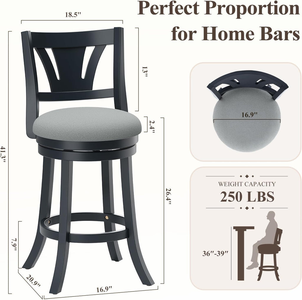 MALOL Swivel Bar Stools Set of 2, 26 Inch Counter Height Barstool with Silent Rotation, High-Density Foam Cushion, Solid Wood Frame, Footrest & Anti-Slip Pads for Kitchen Islands and Home Bars (Grey)