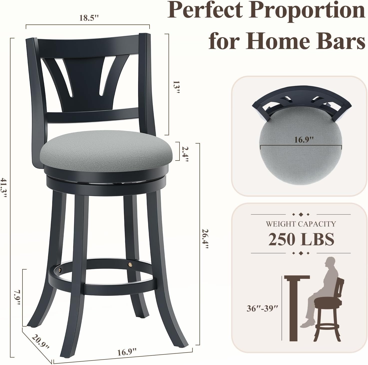 MALOL Swivel Bar Stools Set of 2, 26 Inch Counter Height Barstool with Silent Rotation, High-Density Foam Cushion, Solid Wood Frame, Footrest & Anti-Slip Pads for Kitchen Islands and Home Bars (Grey)