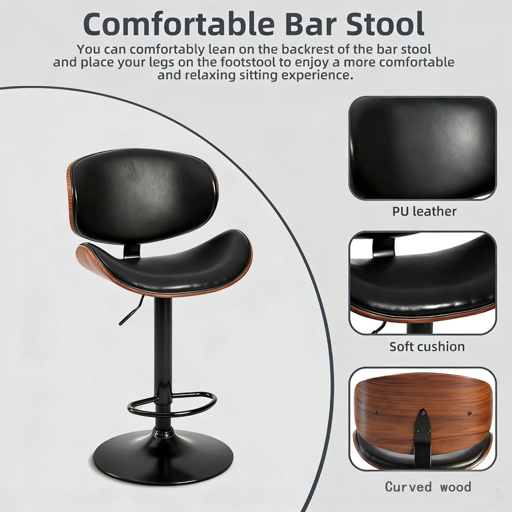 Simple Deluxe Set of 2 PU Leather Swivel Bar Stools, Adjustable Height Bentwood Dining Chairs with Back & Foot Rest, Modern Counter Height Stools for Kitchen, Bar & Dining Room, Black