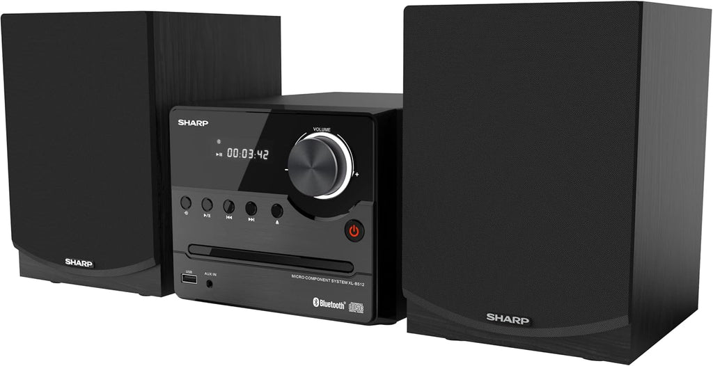 Sharp XL-B512 Micro Component Wireless Bluetooth Audio Streaming & CD Player Wood Speaker System + Remote, USB Port, MP3 Playback, FM Stereo Digital Tuner, Aux Input, Black Oak