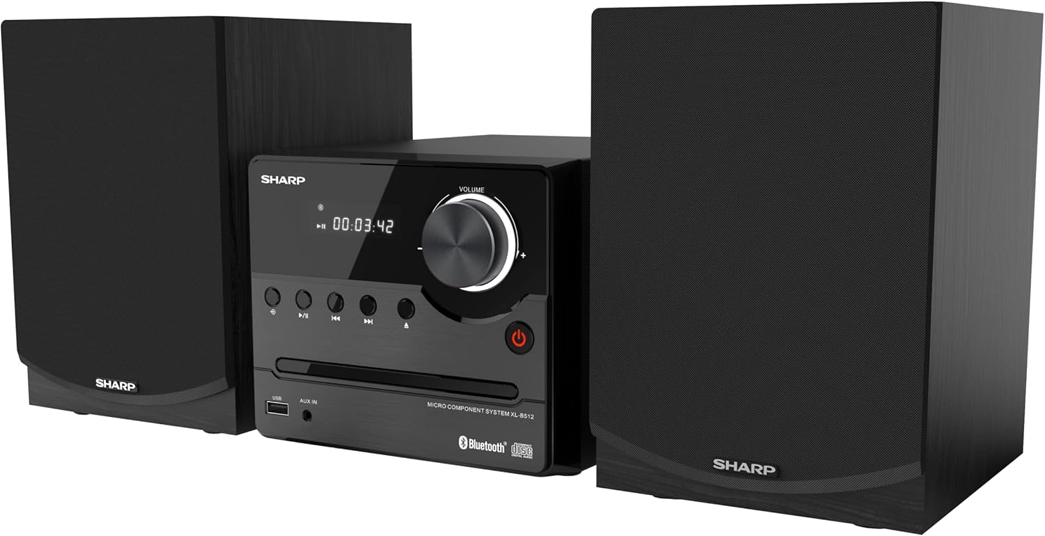 Sharp XL-B512 Micro Component Wireless Bluetooth Audio Streaming & CD Player Wood Speaker System + Remote, USB Port, MP3 Playback, FM Stereo Digital Tuner, Aux Input, Black Oak