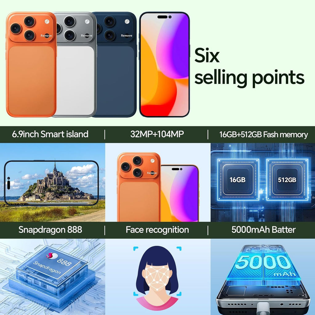 Unlocked L17PROMAX Ultra Cell Phones with 5000mAh Battery,Android 15 Snapdragon 888 Phone,16GB RAM+512GB ROM,32MP+104MP Camera, 3040 * 1440 HD 6.9'' Screen /5G/Dual SIM/GPS/WiFi(Silvery)