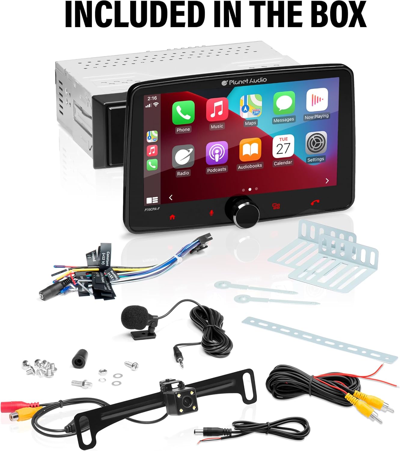 Planet Audio P70CPA-CF Car Stereo - Apple CarPlay, Android Auto, Single Din, 7 Inch Touchscreen, Bluetooth, No CD DVD Player, AM/FM Radio Receiver, Backup Camera