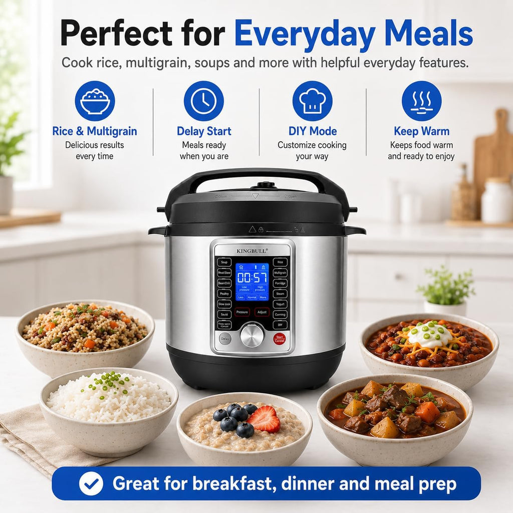 KINGBULL 14-in-1 Electric Pressure Cooker 8 Quart, Stainless Steel Multi Cooker with LCD Display and Knob Control, Slow Cooker, Rice Cooker, Steamer, Sauté, Yogurt Maker, Warmer, DIY Mode