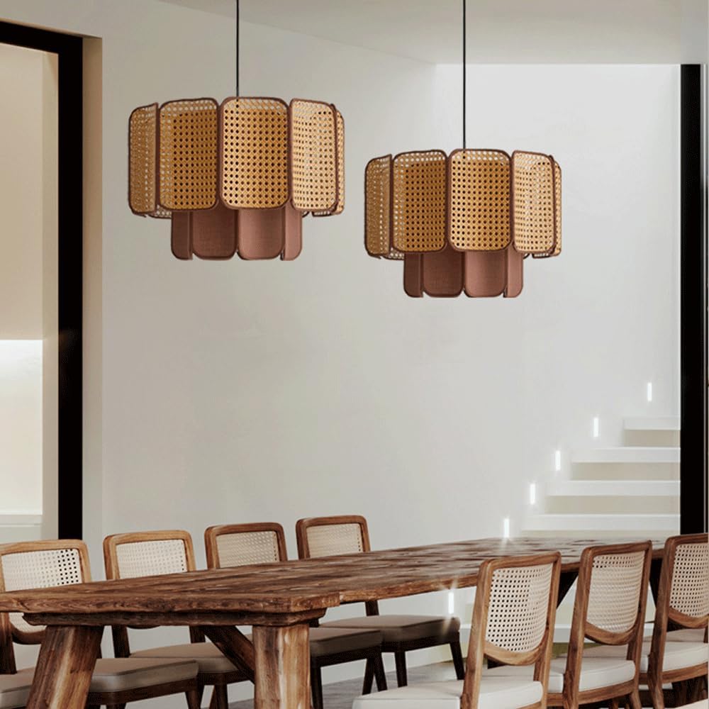 2 Tier Curry Round Linen Hanging Lamp Wabi-sabi Style Creative LEDE27 Base Rattan Pendant Lightled Bedroom Dining Room Living Room Single Head Chandeliers Tea Room Cafe Hot Pot Shop Lighting