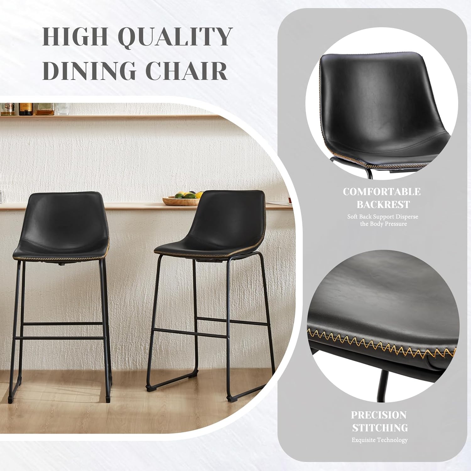 Sweetcrispy Counter Height Bar Stools Set of 4, 30 inch Height Stool Faux Leather Barstools with Back, Armless Kitchen Island Countertop Comfortable Modern Chairs with Metal Legs, Elegant Black