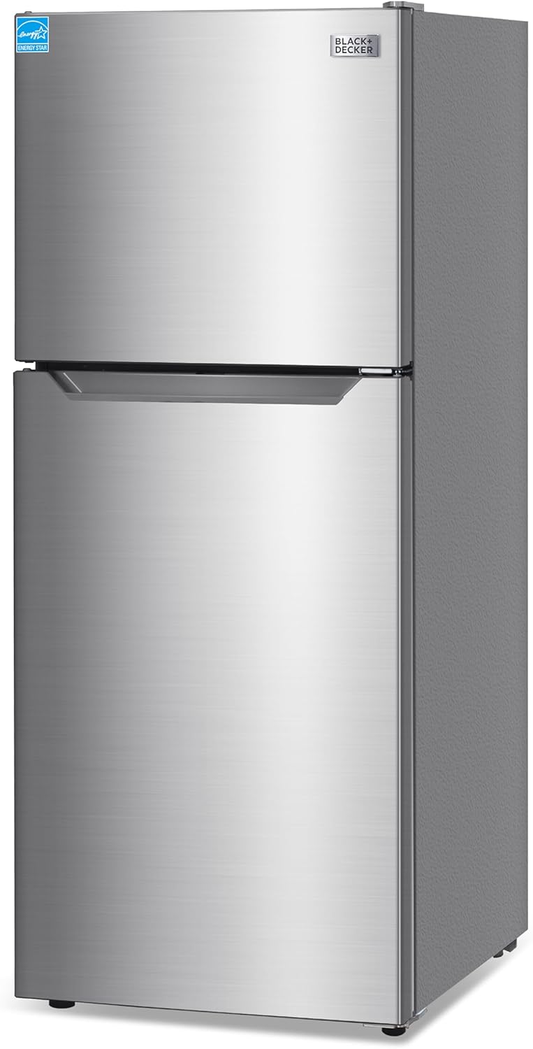 BLACK+DECKER 10 Cu. Ft. Top Mount Refrigerator with Freezer, 2 Door Refrigerator with Top Freezer and Adjustable Temperature Control,ENERGY STAR, BR1000HS, Stainless Steel Look