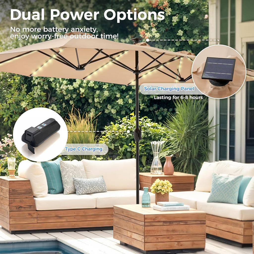 SUPERJARE 13ft Outdoor Patio Umbrella with Solar Lights, Double-sided Deck Pool Umbrella with 1.5 Inch Pole, Fade Resistant Canopy, 12 Sturdy Ribs, for Porch, Market, Backyard, Beige (No Base)