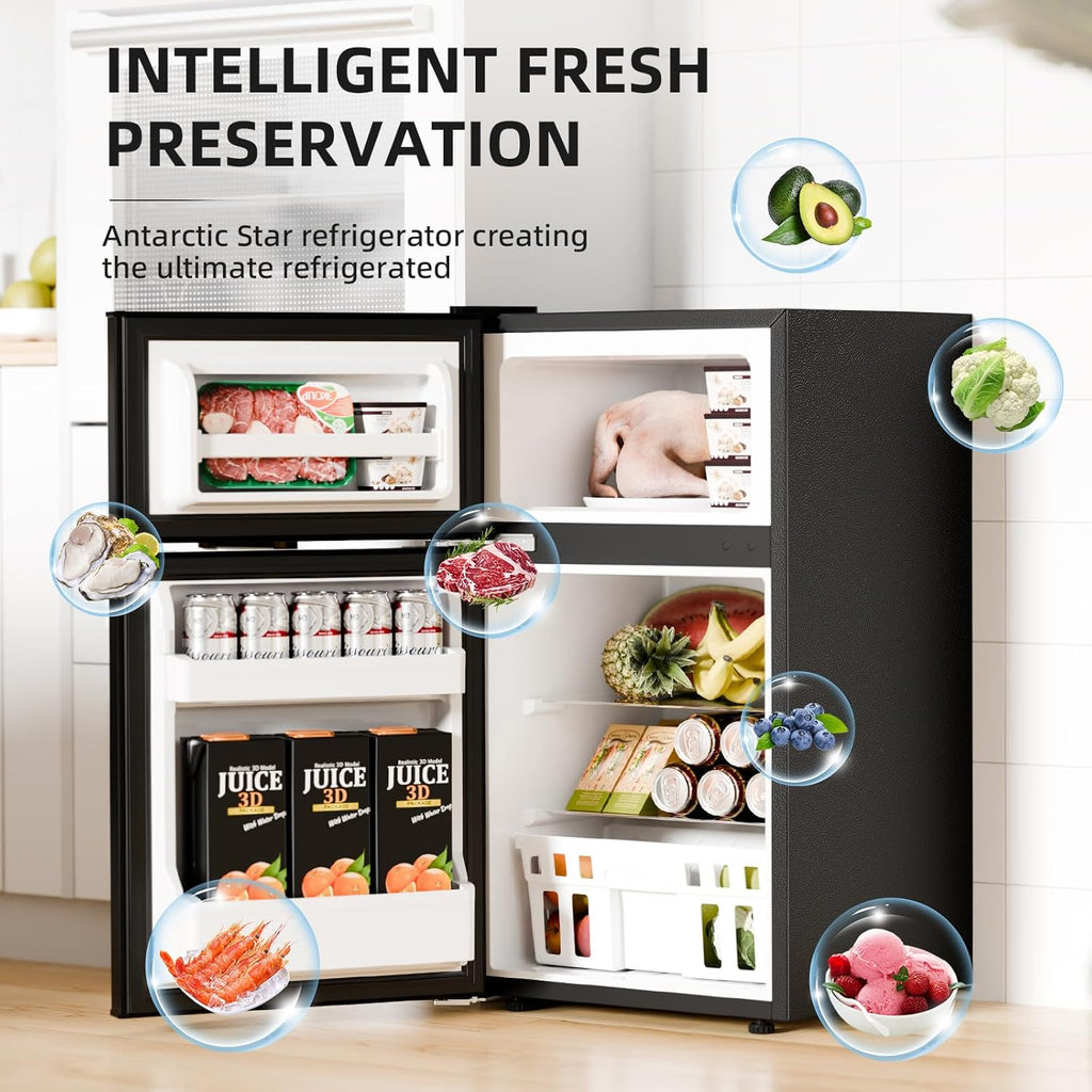 Antarctic Star Compact Refrigerator with Freezer,2 Door Mini Fridge,Adjustable Shelf,Small Fridge for Bedroom Office Dorm Kitchen,3.2 Cu.Ft.BLACK