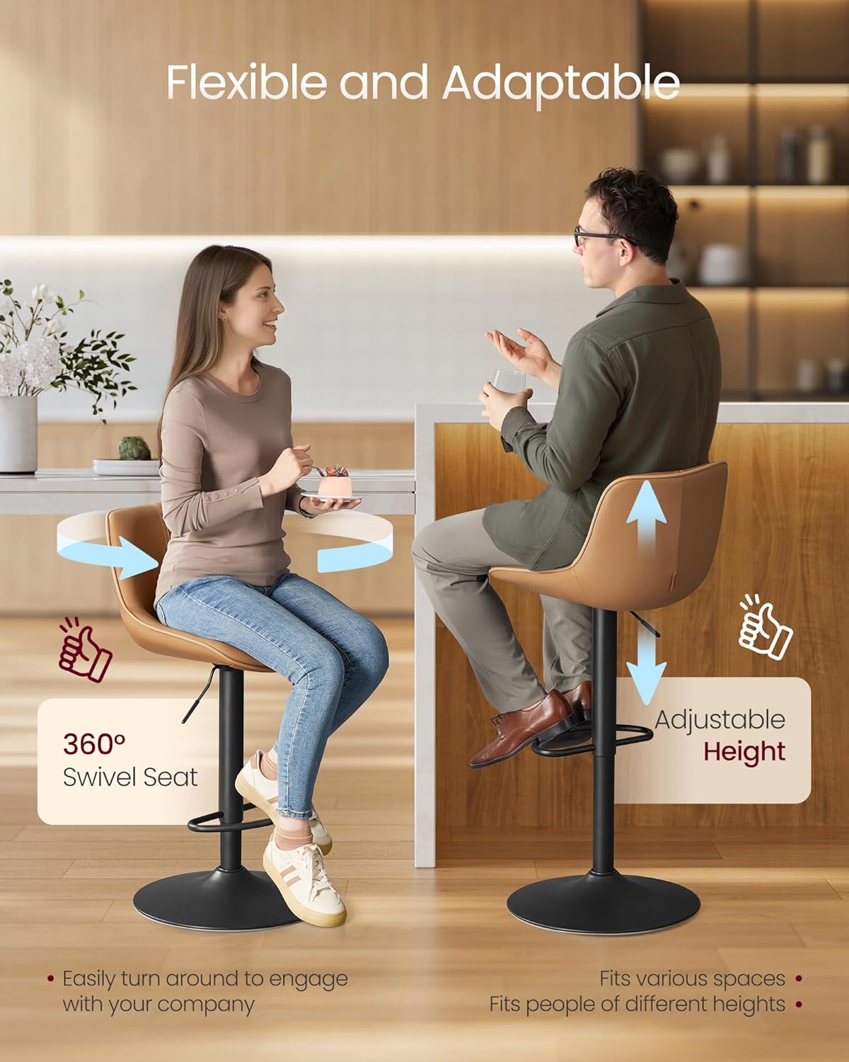 VASAGLE Bar Stools Set of 2, Adjustable Height Swivel Barstools with Ergonomic Backrest, Synthetic Leather, Larger Metal Base, Modern Tall Bar Chairs for Kitchen Island Home Bar, Caramel Brown