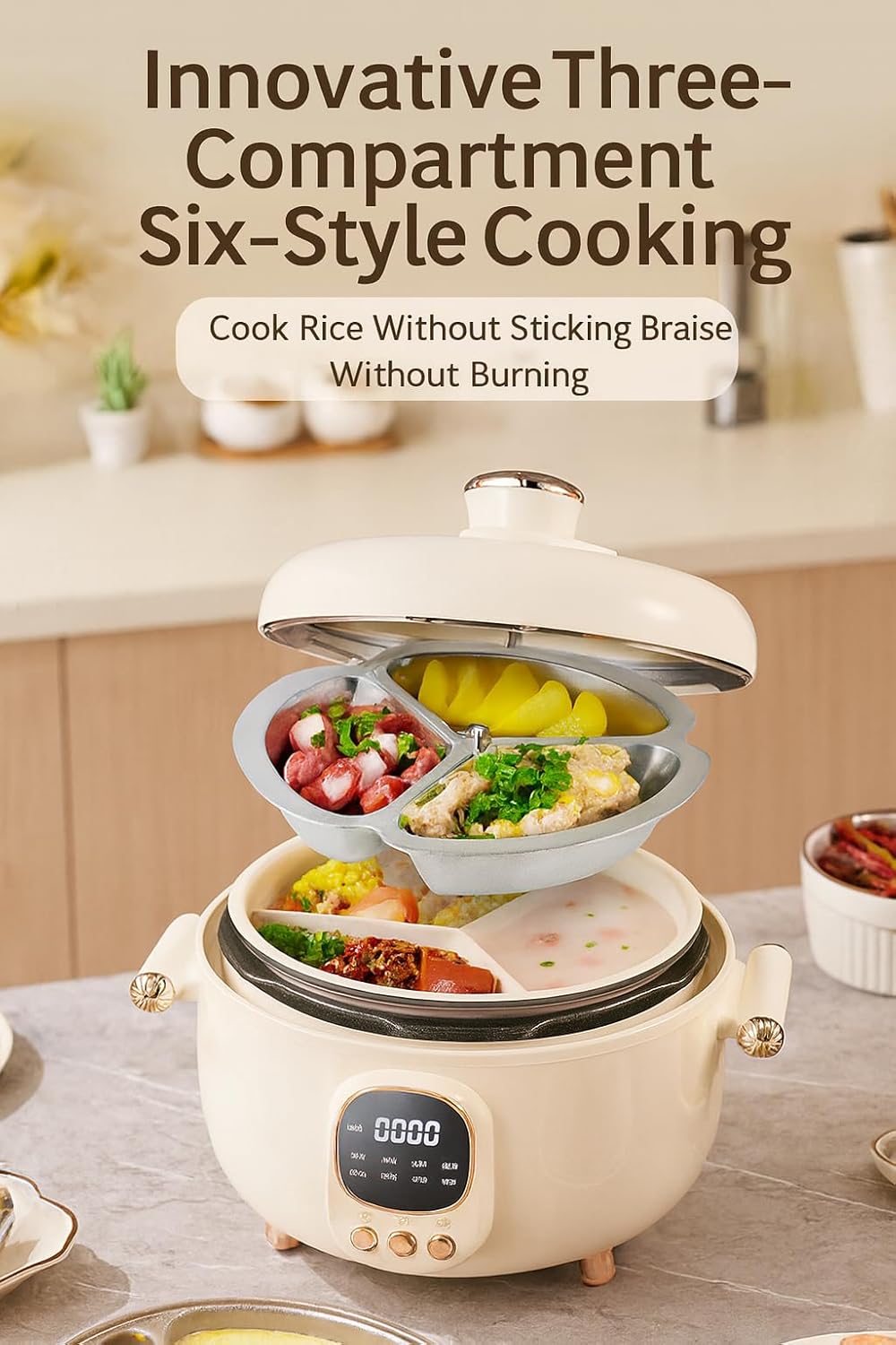 4L Electric Hot Pot Pressure Cooker, Triple Compartment, Digital Control, 1000W, (Cer 3C Liner + Cer DD Liner + Std Liner + 3C Steam Tray, 110V American standard H9-A white)
