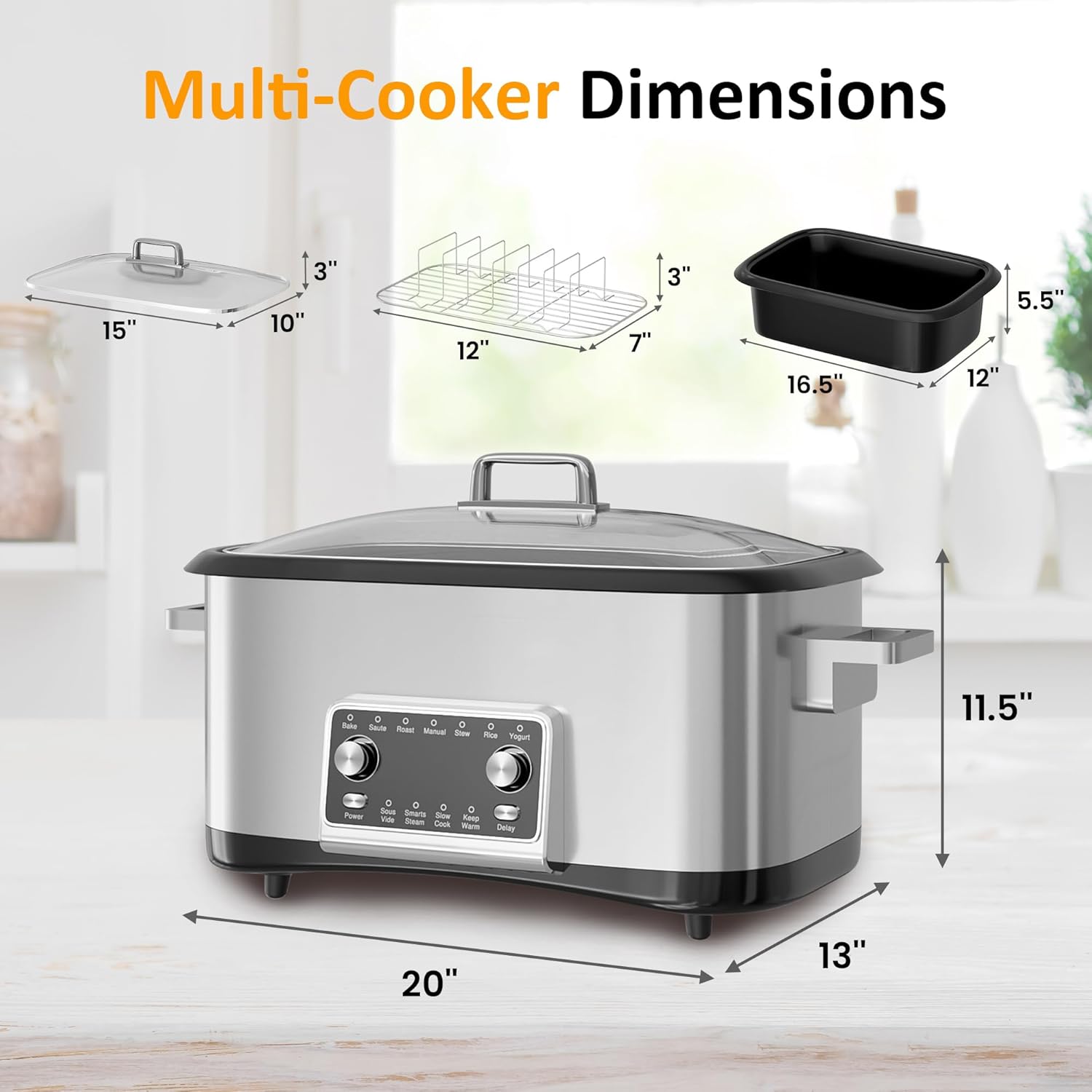 HEYNEMO 12-in-1 Programmable Slow Cooker, 8 Quart Slow Cooker with Timer, Temp Control and Auto Shut Off, Multi Cooker with Steaming Rack, Dishwasher-Safe Visual Glass Lid, Stainless Steel