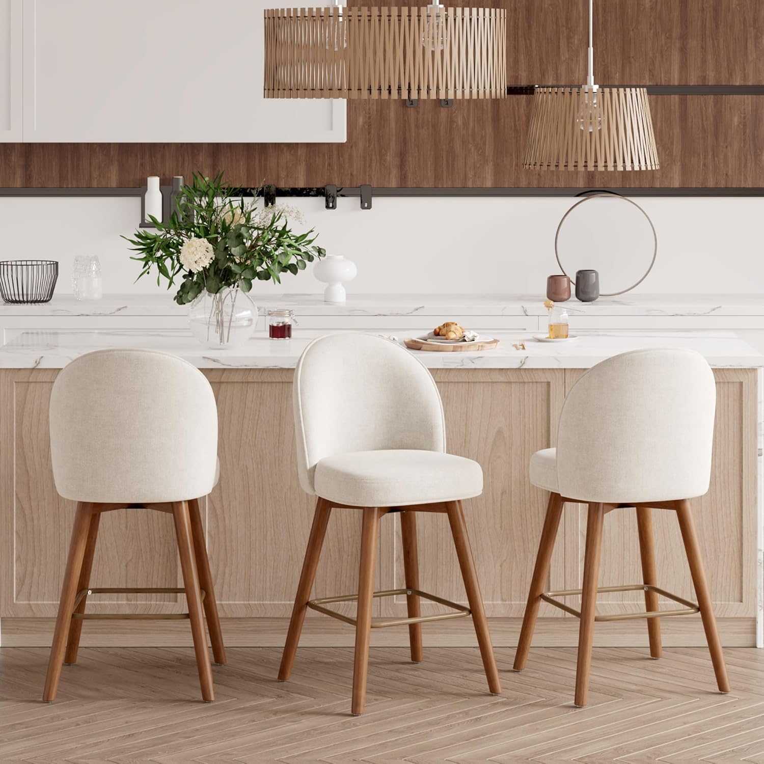 Modern Swivel Bar Stools Set of 3, Chic Upholstered Counter Height（26IN） Bar Chair with Back, Solid Wood Legs and Footrest, Comfortable Chenille Bar Stool for Kitchen Island, Cream Beige