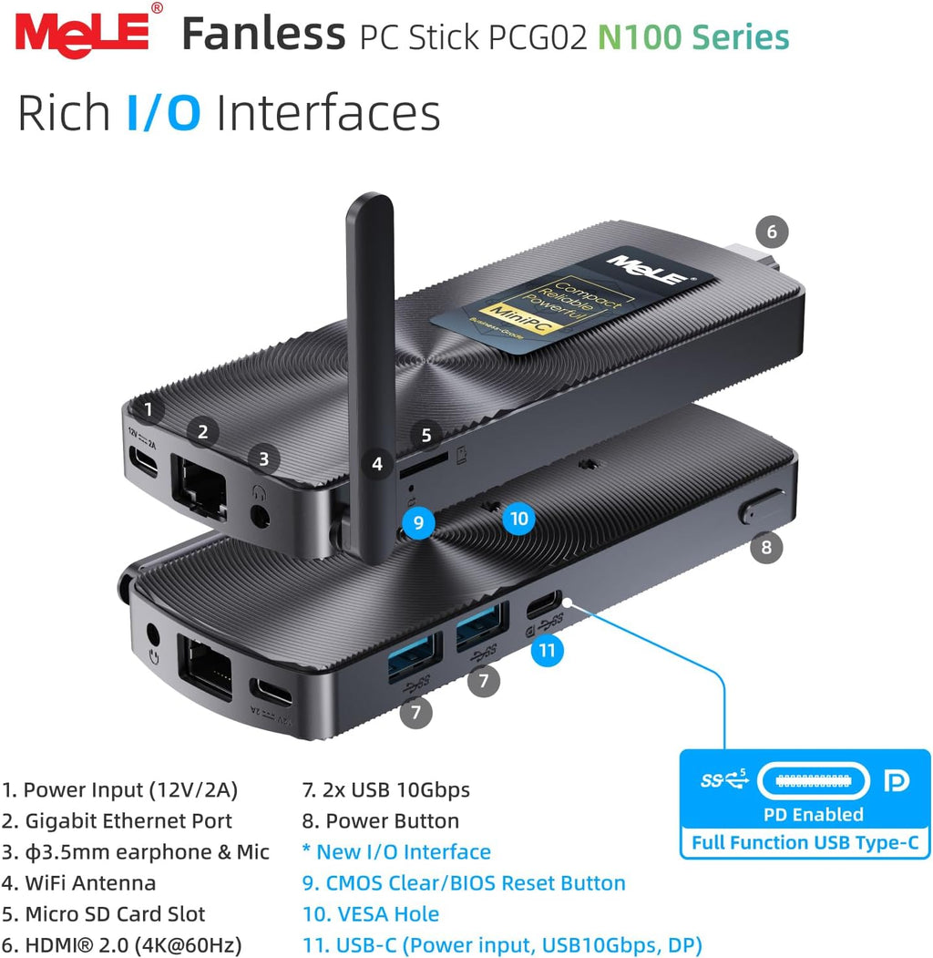 MeLE Fanless Mini PC Stick PCG02, N100 Compute Stick with Windows 11 Pro, 8GB 128GB Micro Desktop Computer, Full Functional USB-C, Gigabit Ethernet BT5.1 on Business Office Industrial IoT Home