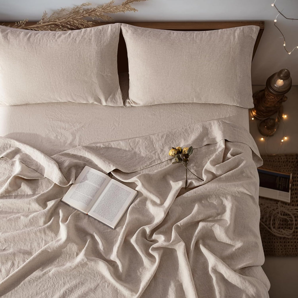 LBRO2M 100% Pure Linen Sheet Set Deep Pocket Up to 16" Bed Sheets Sets, Natural Flax Beddings Soft, Breathable, Comfortable for All Seasons 4 Pcs Sheet Set Queen Size, Linen