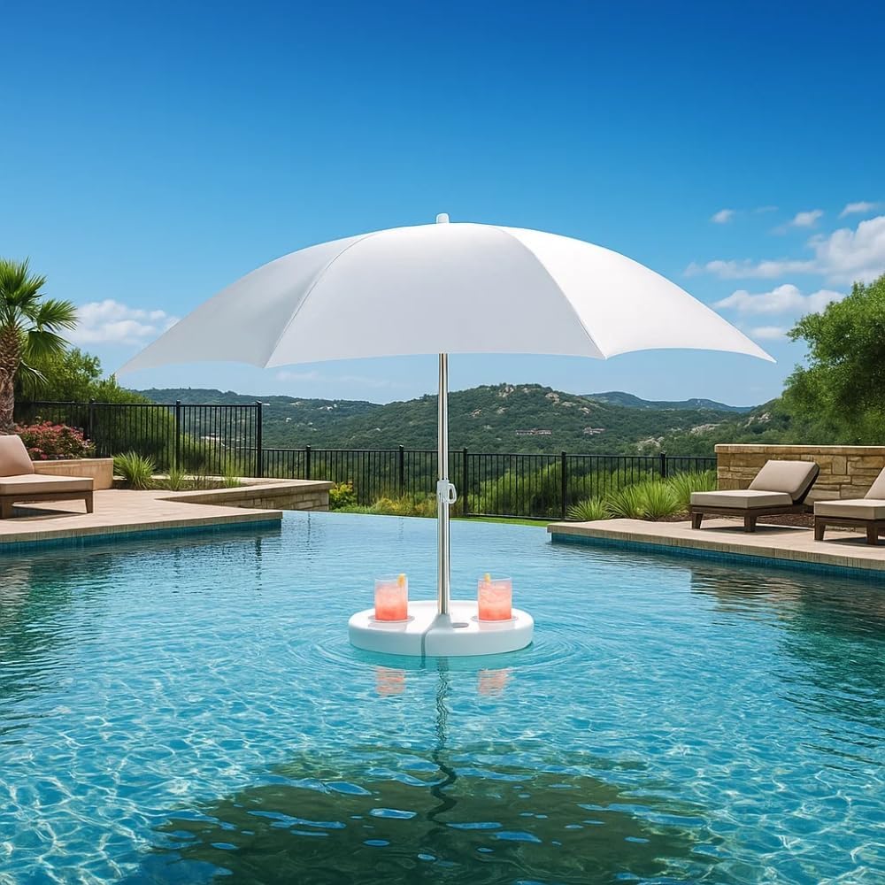 Pool Buoy Floating Pool Umbrella – 5'-7" Premium UV Shade Umbrella with Weighted Base & 5 Cup Holders – Luxury Portable Sun Protection for Pools, Lakes & Hot Tubs – No-Tool Setup