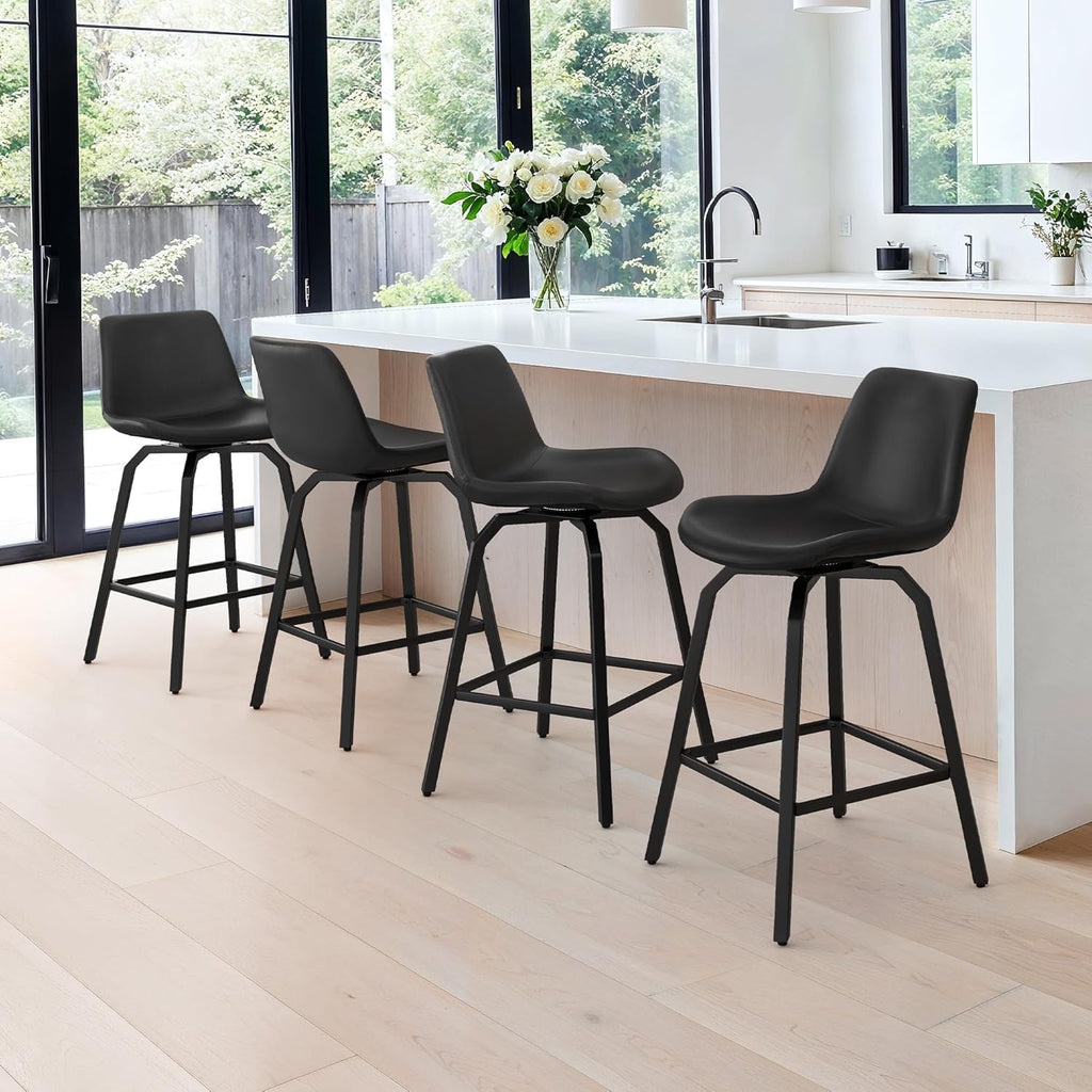 LUE BONA 360° Swivel Bar Stools Set of 3, 26 Inch Counter Height Bar Stools, Modern Faux Leather with Enlarged Seats, Metal Legs for Kitchen Island, Dining, Black