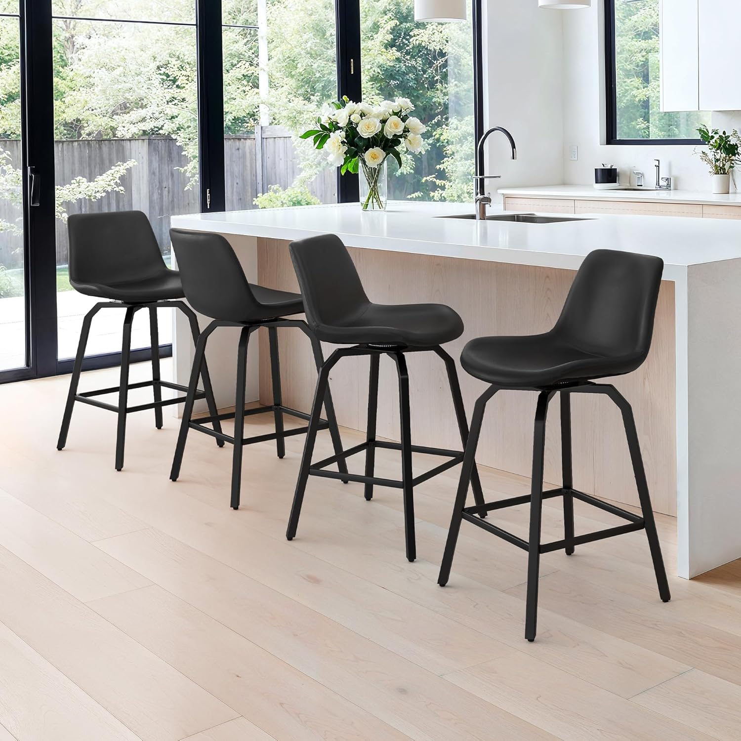 LUE BONA 360° Swivel Bar Stools Set of 3, 26 Inch Counter Height Bar Stools, Modern Faux Leather with Enlarged Seats, Metal Legs for Kitchen Island, Dining, Black