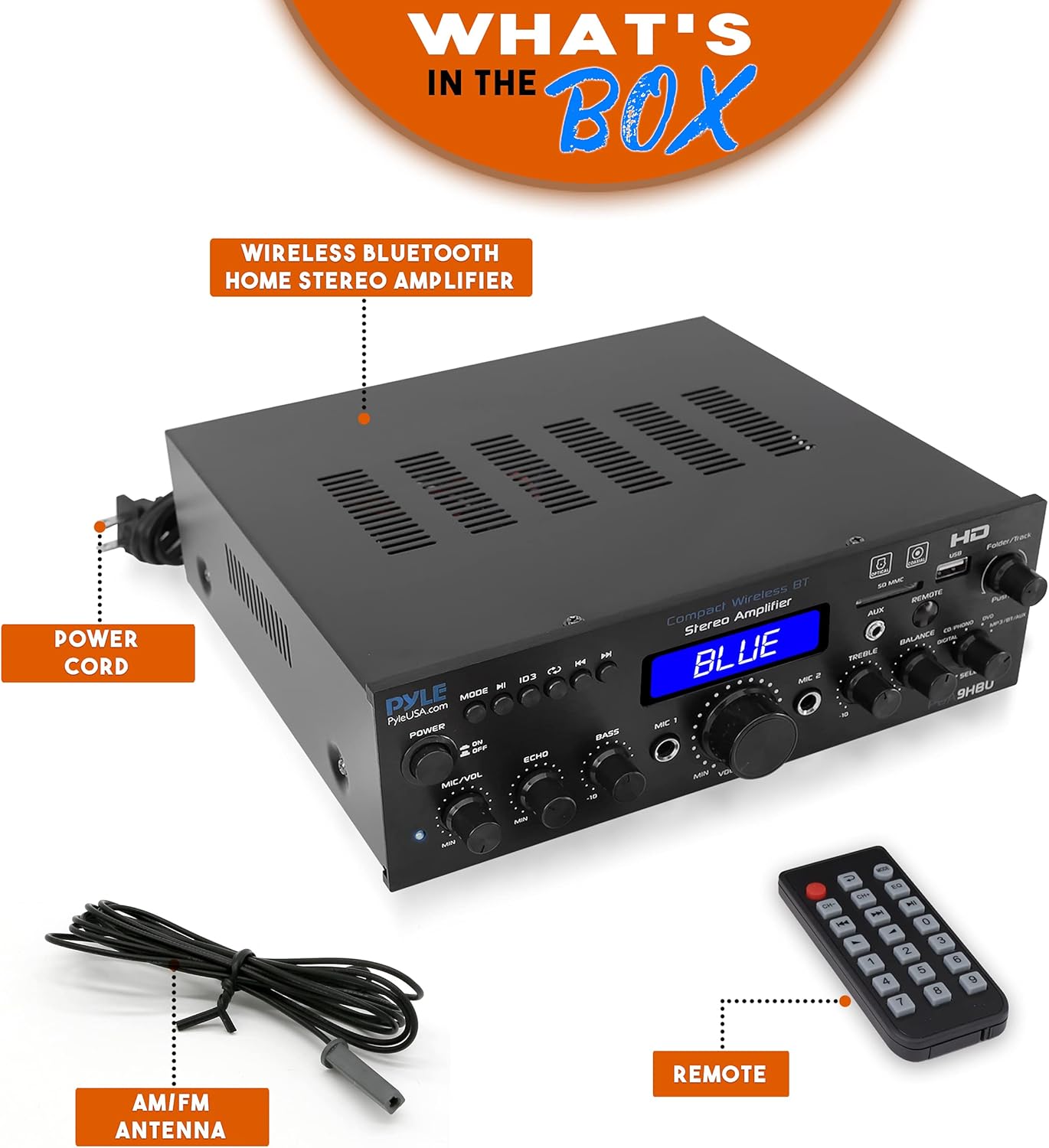 Pyle Wireless Bluetooth Home Stereo Amplifier - Multi-Channel 200 Watt Power Amplifier Home Audio Receiver System w/HDMI, Optical/Phono/Coaxial, FM Radio, USB/SD, AUX, RCA, Mic - Remote -PDA9HBU.5