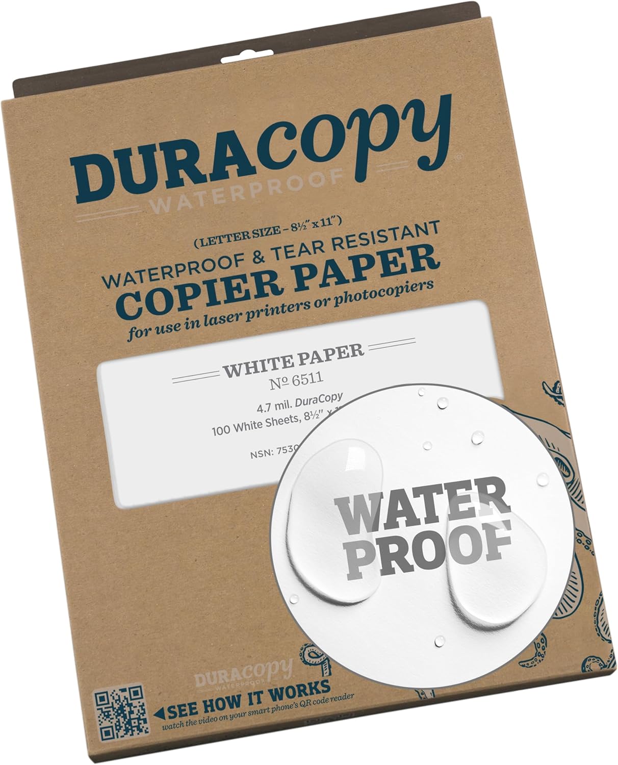 Rite in the Rain Waterproof (DURACOPY) Copier Paper, 8.5" x 11", White, 100 Sheet Pack (No. 6511)