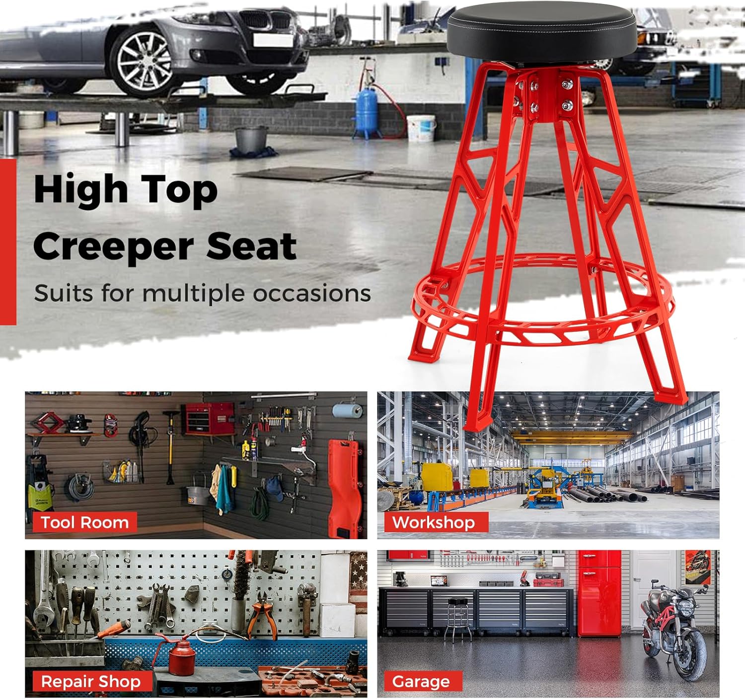 Mechanic Stool, Heavy-Duty Aluminum Garage Barstool with 360° Swiveling Seat & Footrest, Tall Padded Workshop Stool for Tool Room, Auto Repair, 400 LBS Max Load