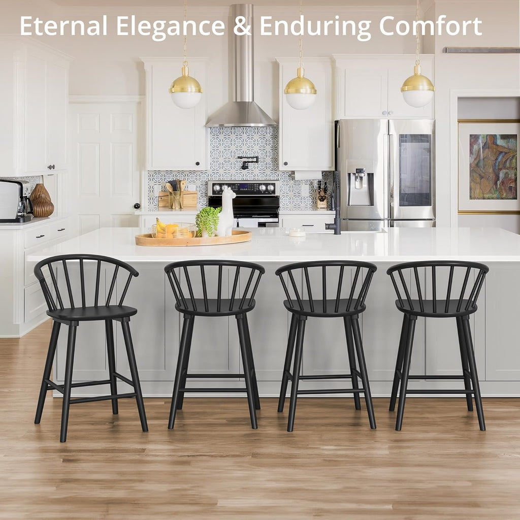 LUE BONA Bar Stools Set of 4, Black Farmhouse Barstools with Semicircular Backrest, Mid Century Modern Counter Height Bar Stools for Kitchen Island, 24 Inch