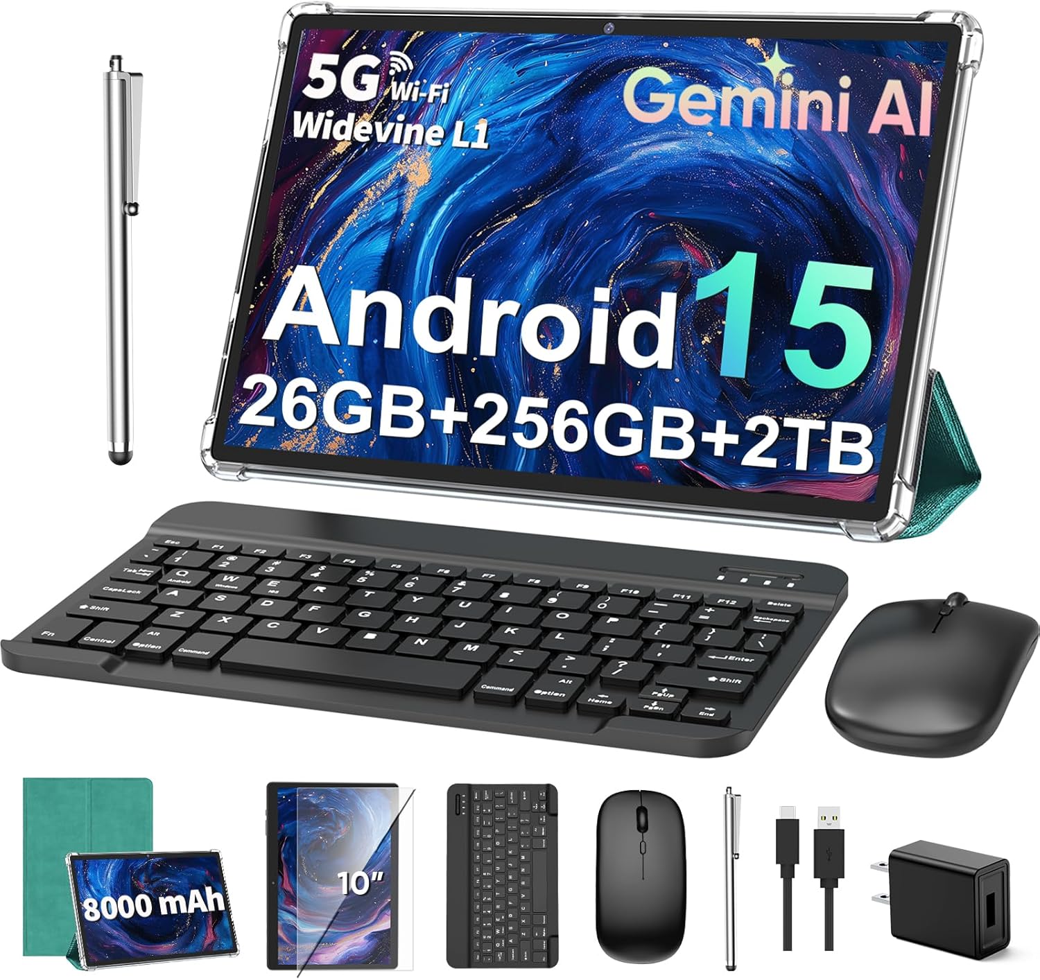 2026 10 Inch Tablet with Keyboard, Android 15 Tablet with Gemini AI, 24GB+256GB+2TB Expand, 2-in-1 Tablets with 8-Core, WiFi, 8000mAh, GMS, GPS, Electronic Tablets PC with Mouse, Case, Stylus(Green)