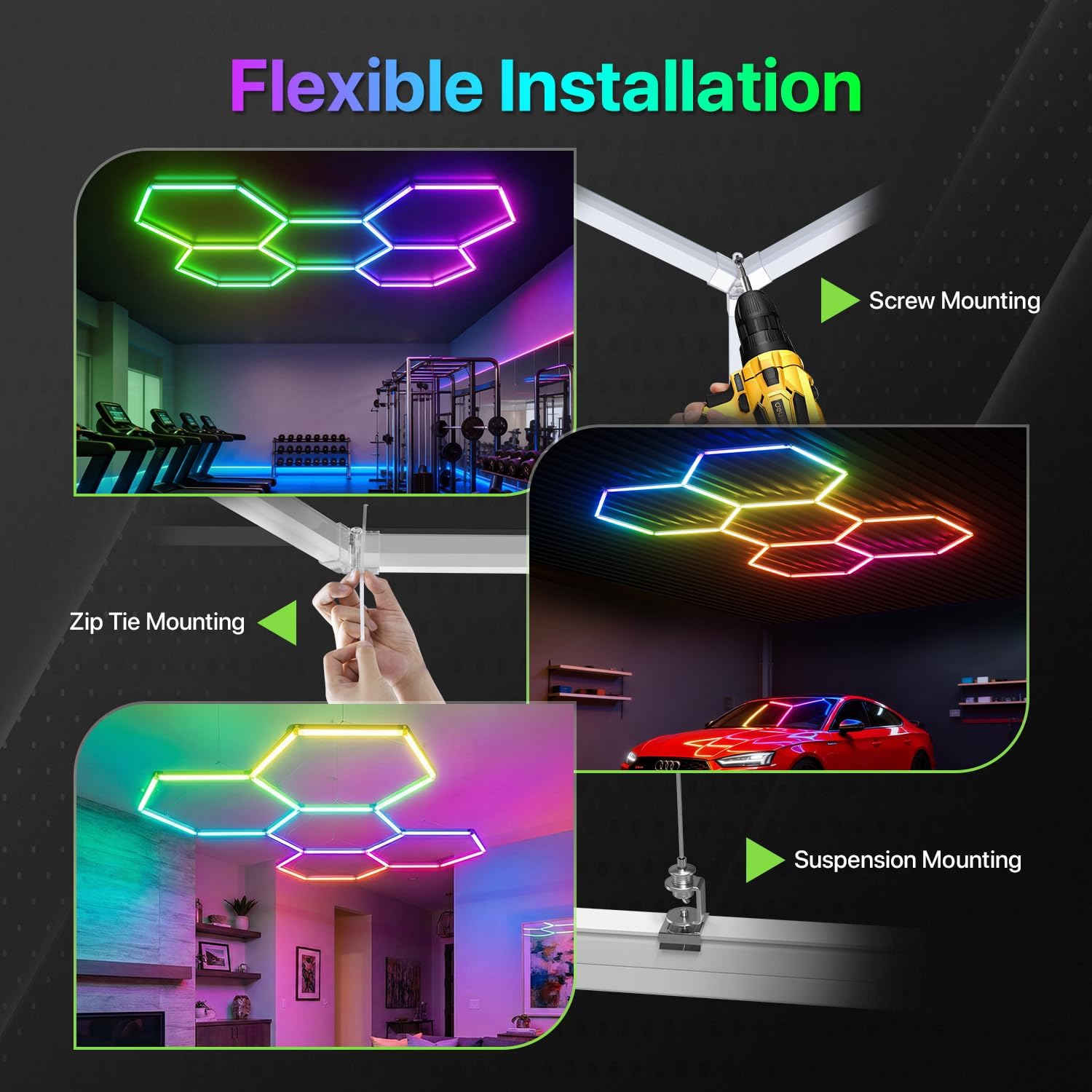Glitgate RGB Hexagon Garage Lights, LED Hex Lights with App & Remote Control, DIY Modular Honeycomb Lighting System, Music Sync Dimmable Smart Ceiling Light Fixture for Gym, Shop, Gaming Room