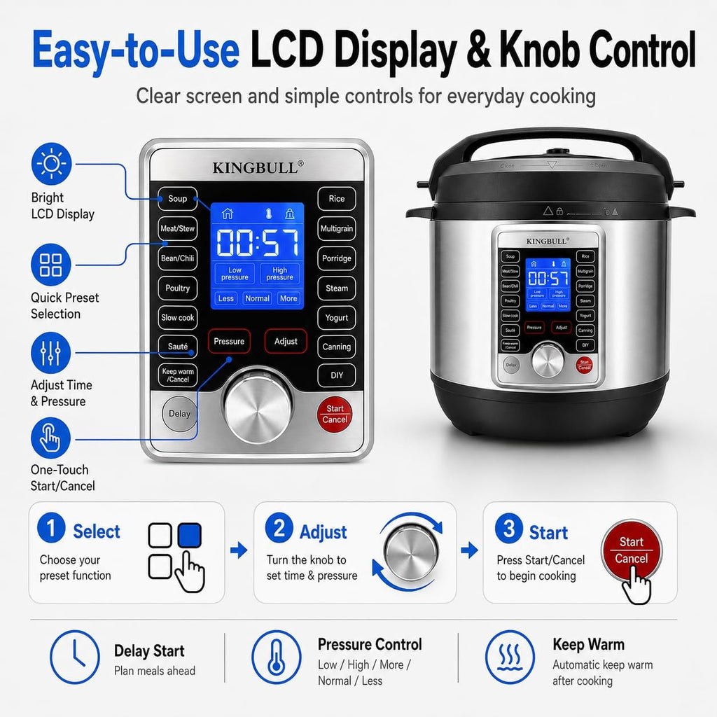KINGBULL 14-in-1 Electric Pressure Cooker 8 Quart, Stainless Steel Multi Cooker with LCD Display and Knob Control, Slow Cooker, Rice Cooker, Steamer, Sauté, Yogurt Maker, Warmer, DIY Mode