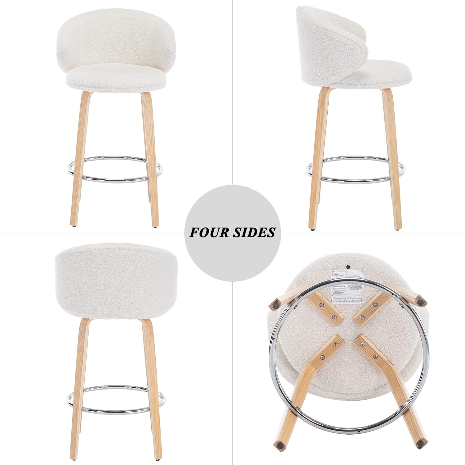 DUOMAY 2-Pack 26" Counter Height Bar Stools, White Sherpa Barrel Back Kitchen Island Chairs with Wood Legs for Dining Room, Bar, Coffee Shop