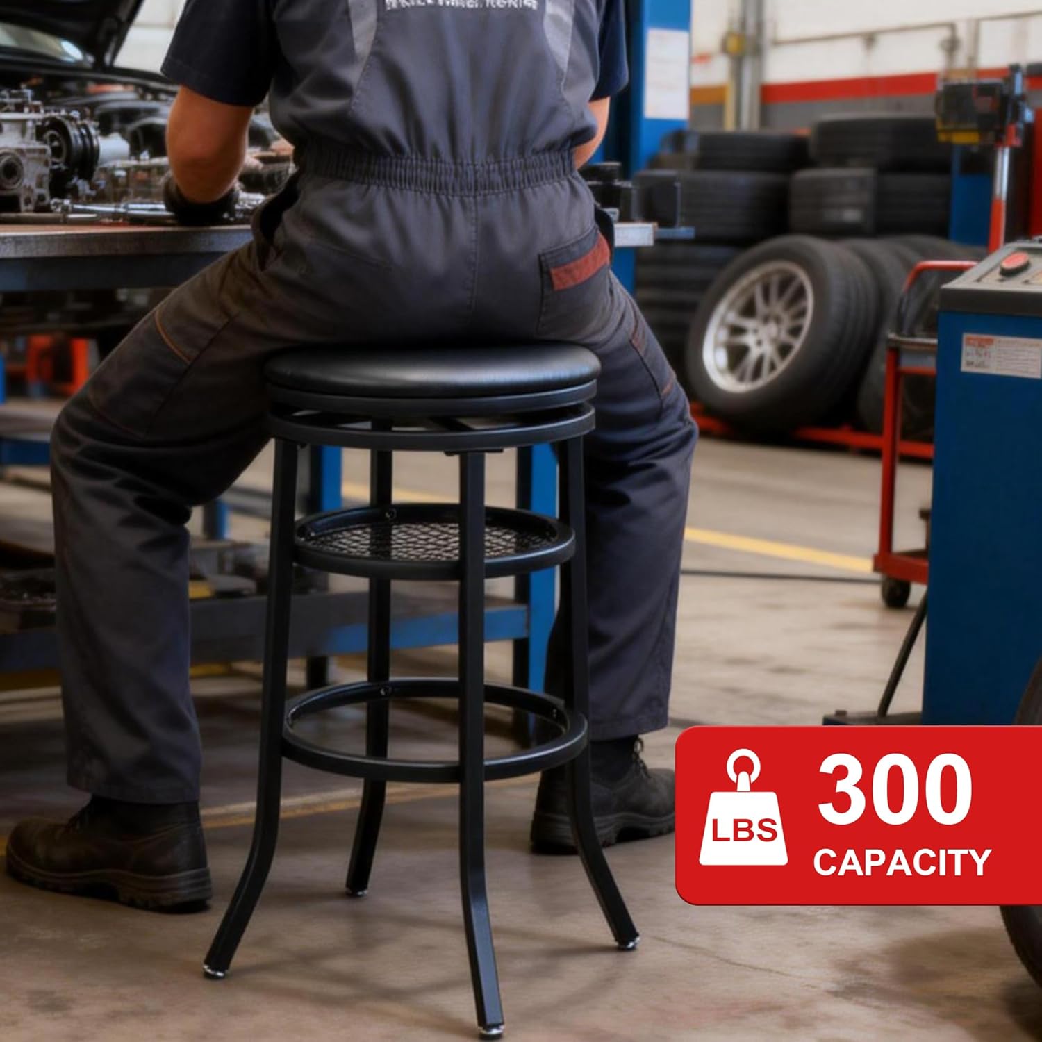 Swivel Industrial Shop Stool with Mesh Storage, Round Metal Garage Stool with Footrest, Heavy Duty Bar Stool for Garages, Workshops, Dining Room, Party Black, Set of 2