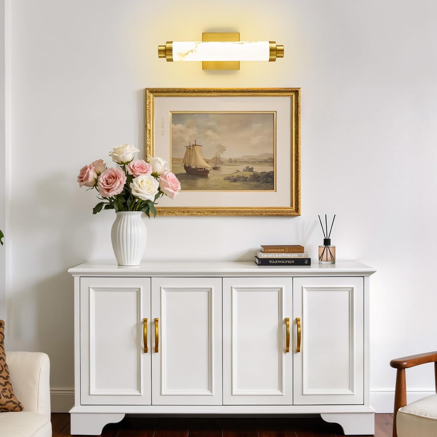 15.4" Gold Wall Sconces Set of 2, Modern Bathroom Sconces with Resin Shade, 5CCT Dimmable LED Wall Lights 14W for Bedroom, Living Room, Hallway