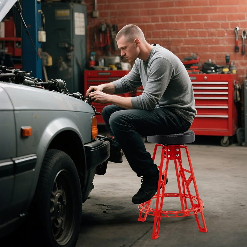 Mechanic Stool, Heavy-Duty Aluminum Garage Barstool with 360° Swiveling Seat & Footrest, Tall Padded Workshop Stool for Tool Room, Auto Repair, 400 LBS Max Load