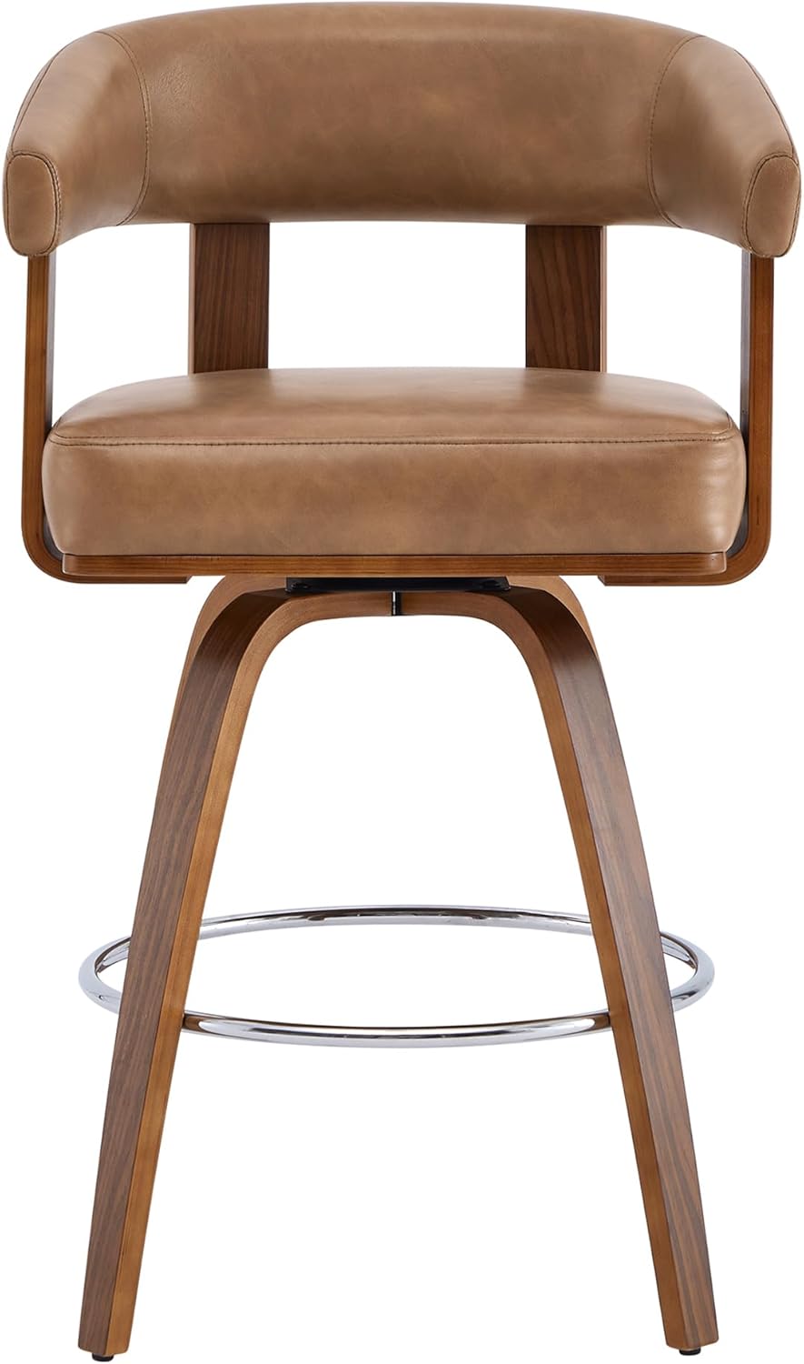 CHITA Swivel Counter Height Barstools Set of 2, FSC Certified Faux Leather Upholstered Bar Stools with Back and Armrest for Kitchen Island Home Bar, 27" Seat Height, Camel with Walnut Frame