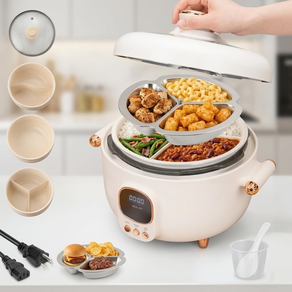 4.2Qt Electric Pressure Cooker & Smart Multi-Cooker, 10-in-1 Innovative 3-Compartment Rice Cooker, 1000W Hot Pot with 24H Timer, 70KPa Fast Cooking, Non-Stick Inner Pots, Heat Preservation, 110V, White