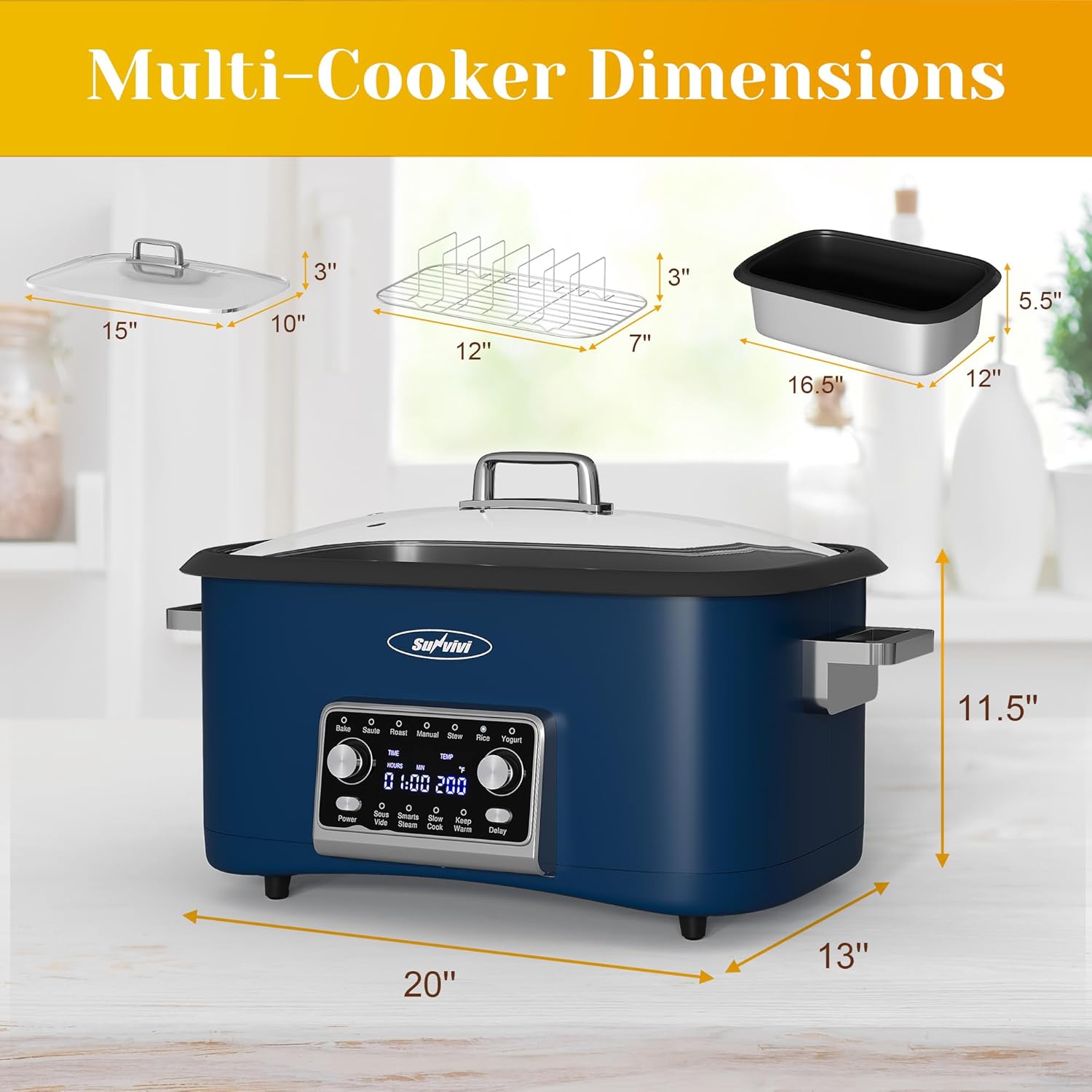 Sunvivi 8 Quart Slow Cooker Roaster Oven, 12 in 1 Programmable Multi-Cooker Food Warmer with Digital Timer, Temp Control, Removable Cast Aluminum Pot & Dishwasher-Safe Tempered Glass Lid, Blue