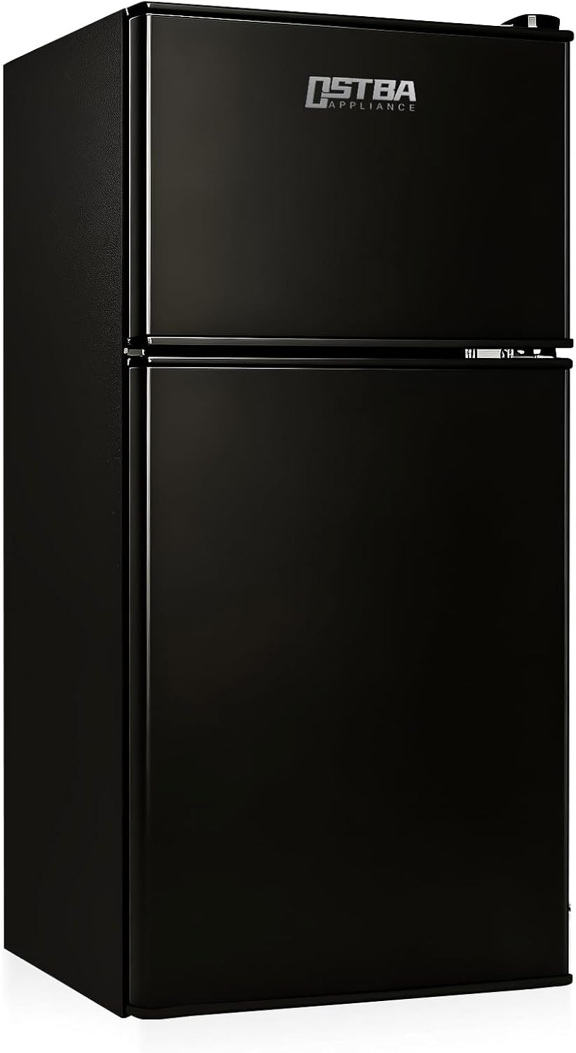 OSTBA Mini Fridge with Freezer - 3.2 Cu.ft 2-Door Upright Freezer, Compact Refrigerator with 2 Removable Shelves 7 Level Adjustable Thermostat, Removable Shelves for Bedroom Office Apartment, Black