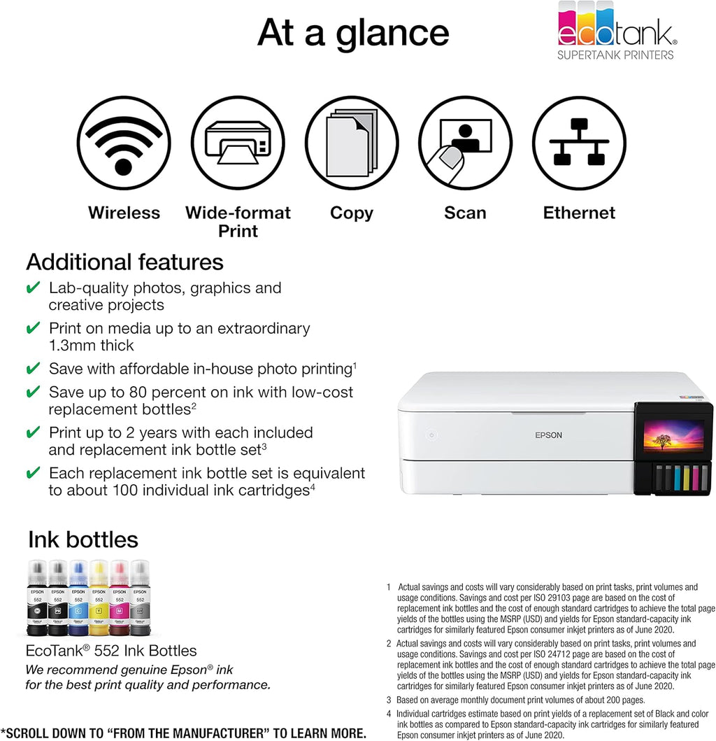 Epson EcoTank Photo ET-8550 Wireless Wide-Format Color All-in-One Supertank Printer - Scanner, Copier - Ethernet - 4.3-inch Color Touchscreen
