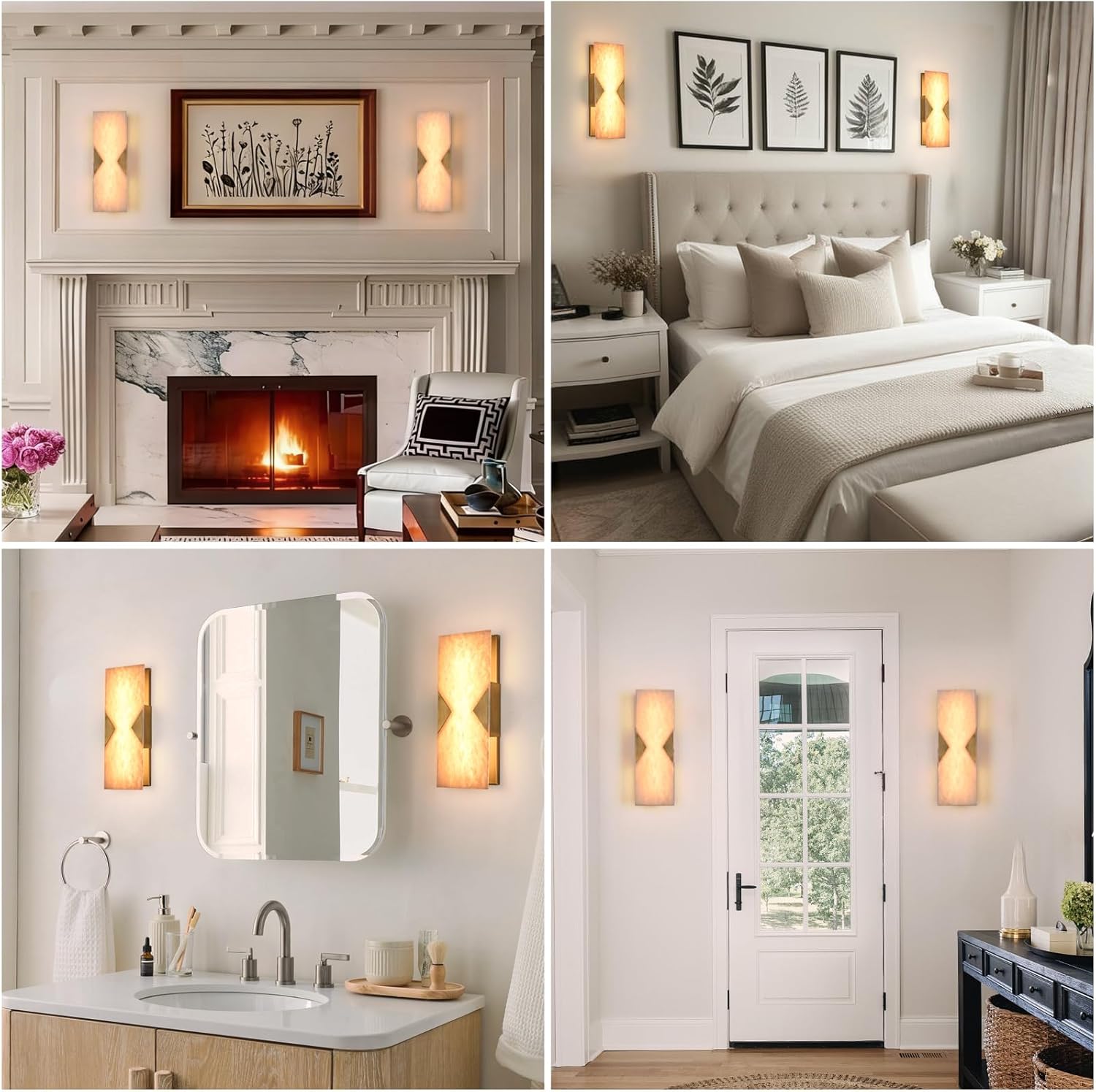 Alabaster Wall Sconces Set of 2,14.2in Modern Natural Marble Vanity Light, Hardwired Brass Gold Wall Sconces Lighting for Living Room,Bedroom,Indoor LED Alabaster Sconces for Bathroom Mirror,Hallway