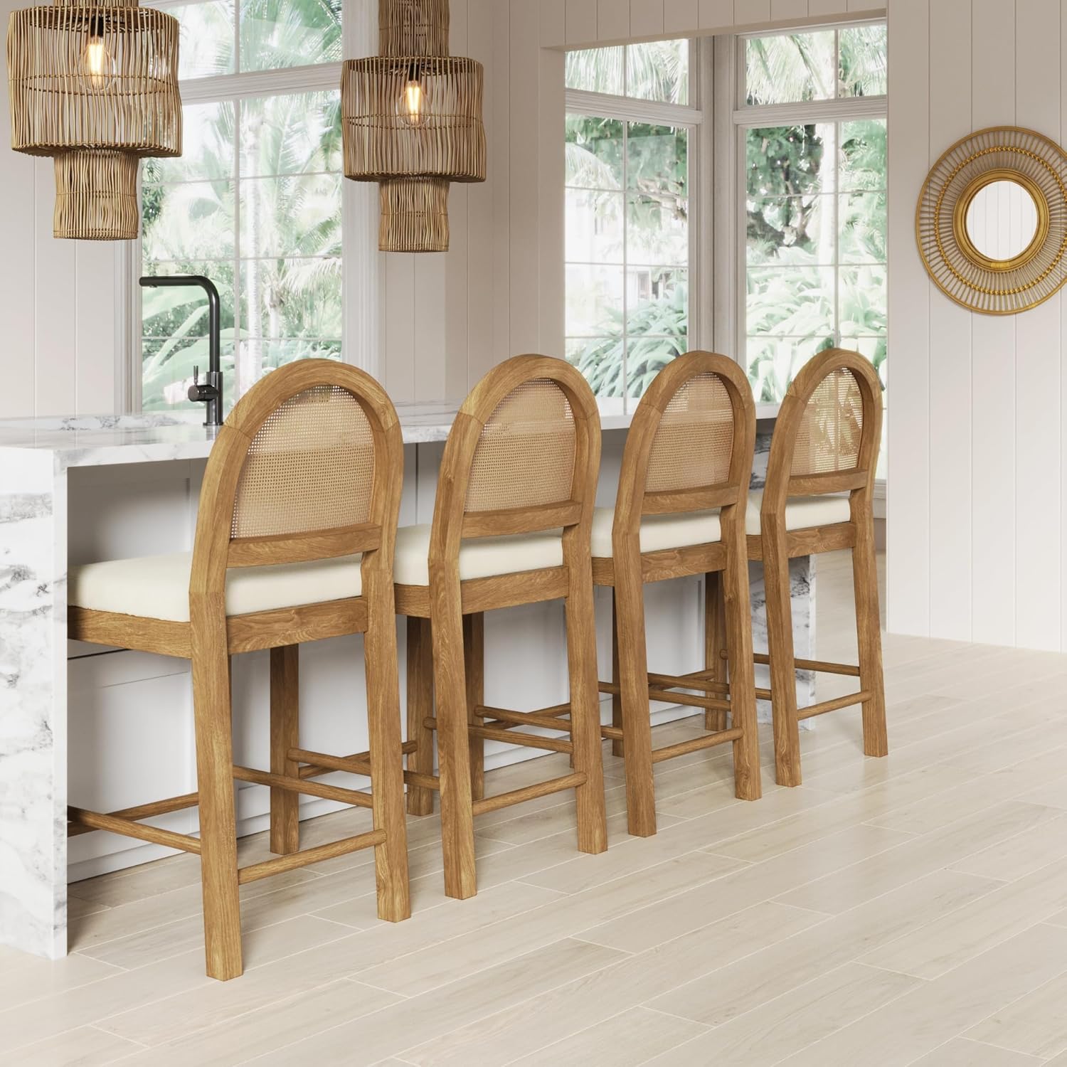 Nathan James Bailey Boucle Upholstered Rattan Bar Stool, Counter Height Stool with Natural Rattan Woven Back For Kitchen Island, Light Brown, Set of 4
