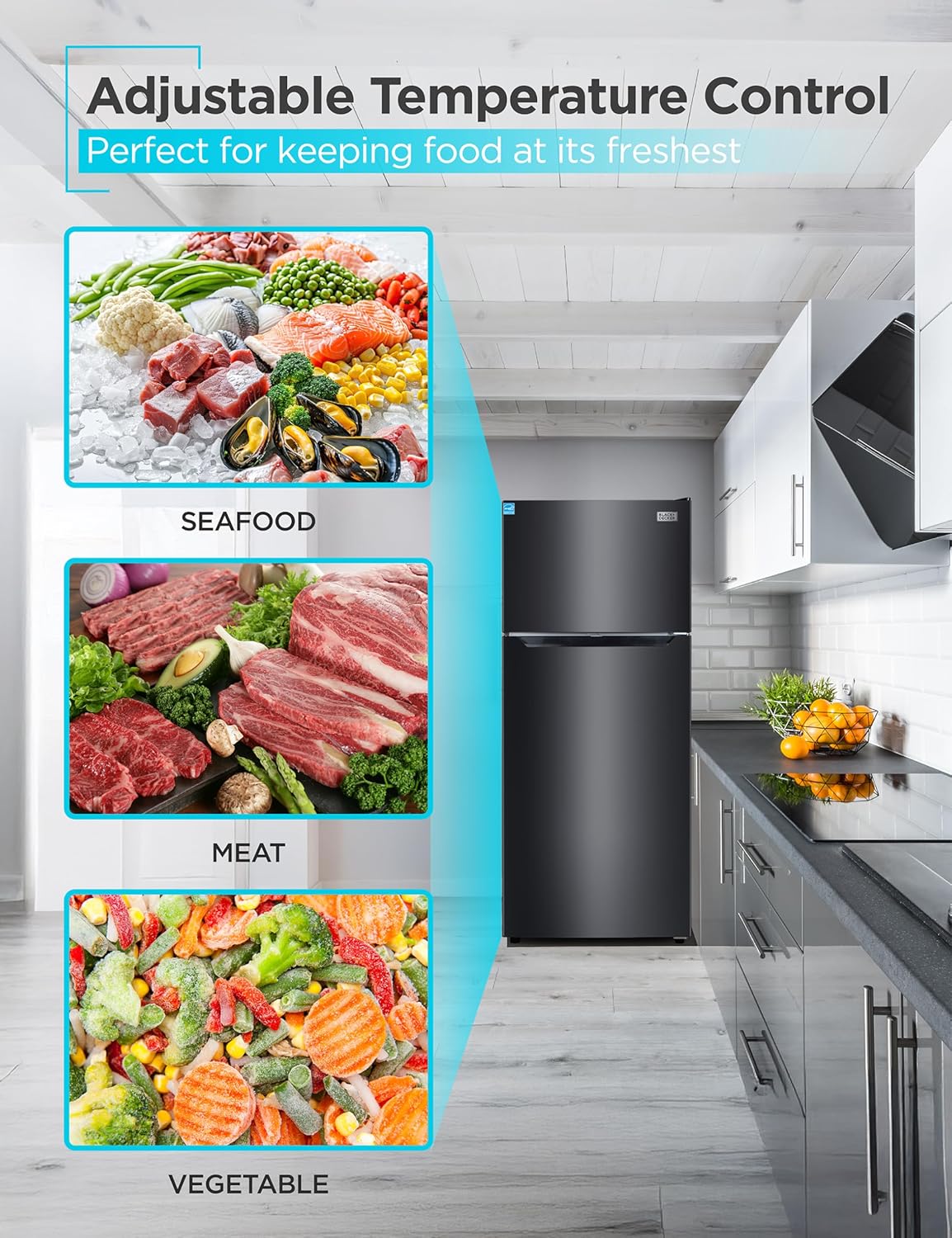 BLACK+DECKER 14.6 Cu. Ft. Top Mount Refrigerator with Freezer, 2 Door Refrigerator with Top Freezer and Adjustable Temperature Control, ENERGY STAR, BR1460HB, Black
