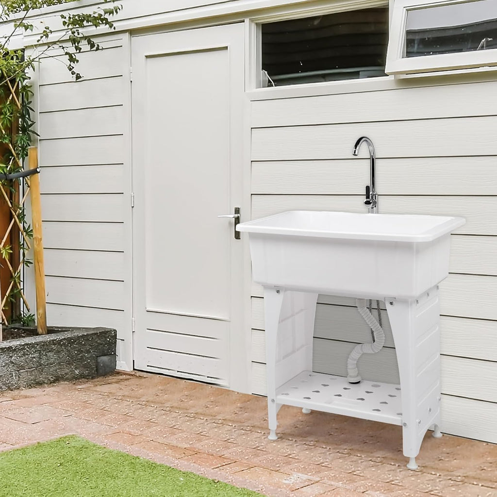 VINGLI Spacious White Utility Sink Laundry Tub for Laundry Room, Garage Washing Station, Slop Sink, Freestanding Sink with Stainless Steel Faucet, Drain, Storage Shelf and Removable Drainboard,White