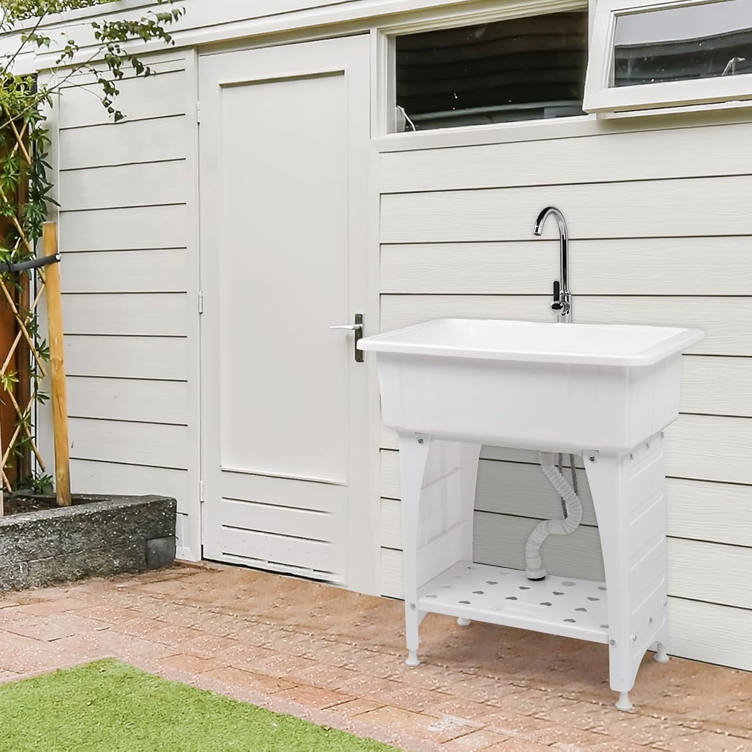 VINGLI Spacious White Utility Sink Laundry Tub for Laundry Room, Garage Washing Station, Slop Sink, Freestanding Sink with Stainless Steel Faucet, Drain, Storage Shelf and Removable Drainboard,White
