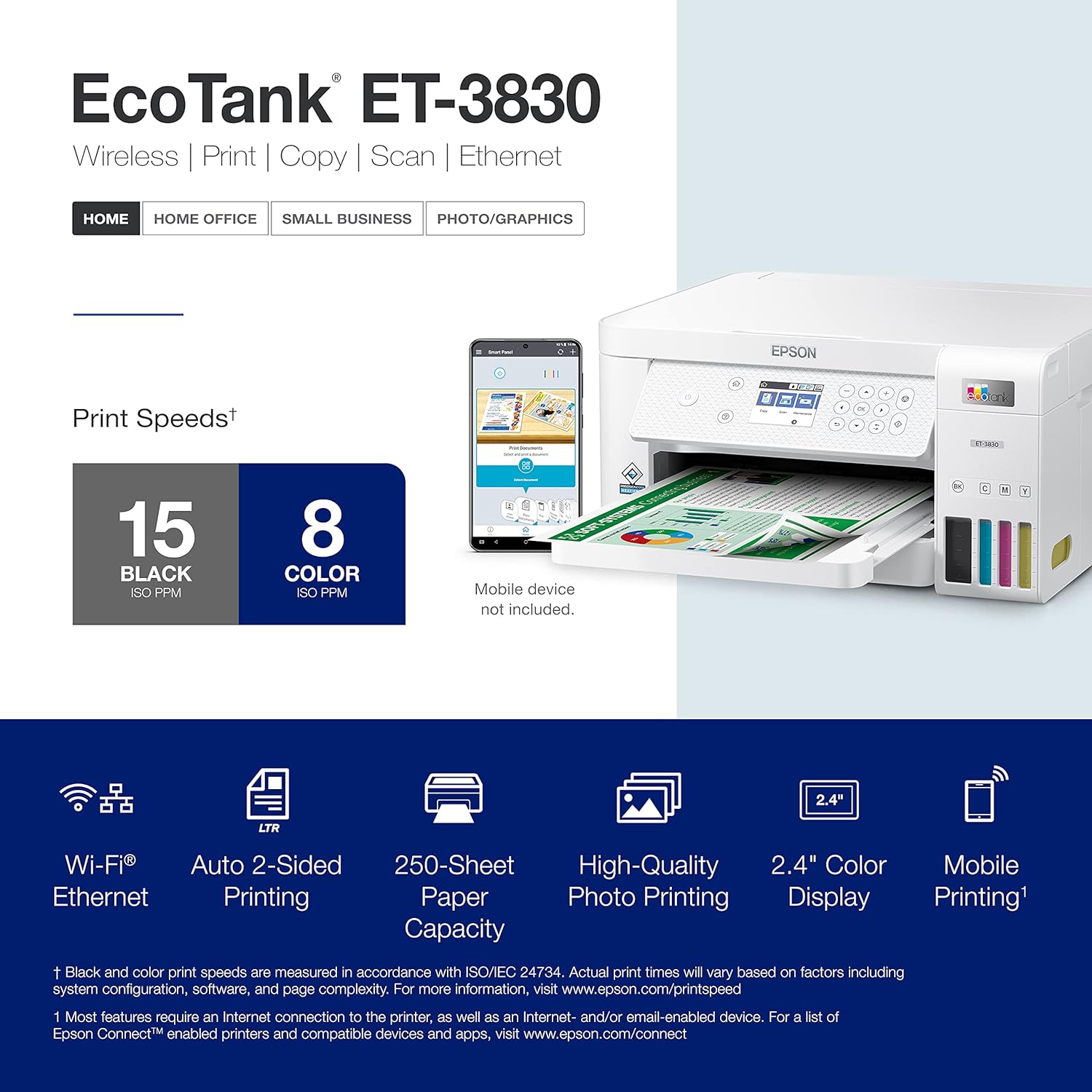 Epson EcoTank ET-3830 Wireless Color All-in-One Cartridge-Free Supertank with Scan Copy, Auto 2-Sided Printing and Ethernet, The Perfect Printer Productive Families, White