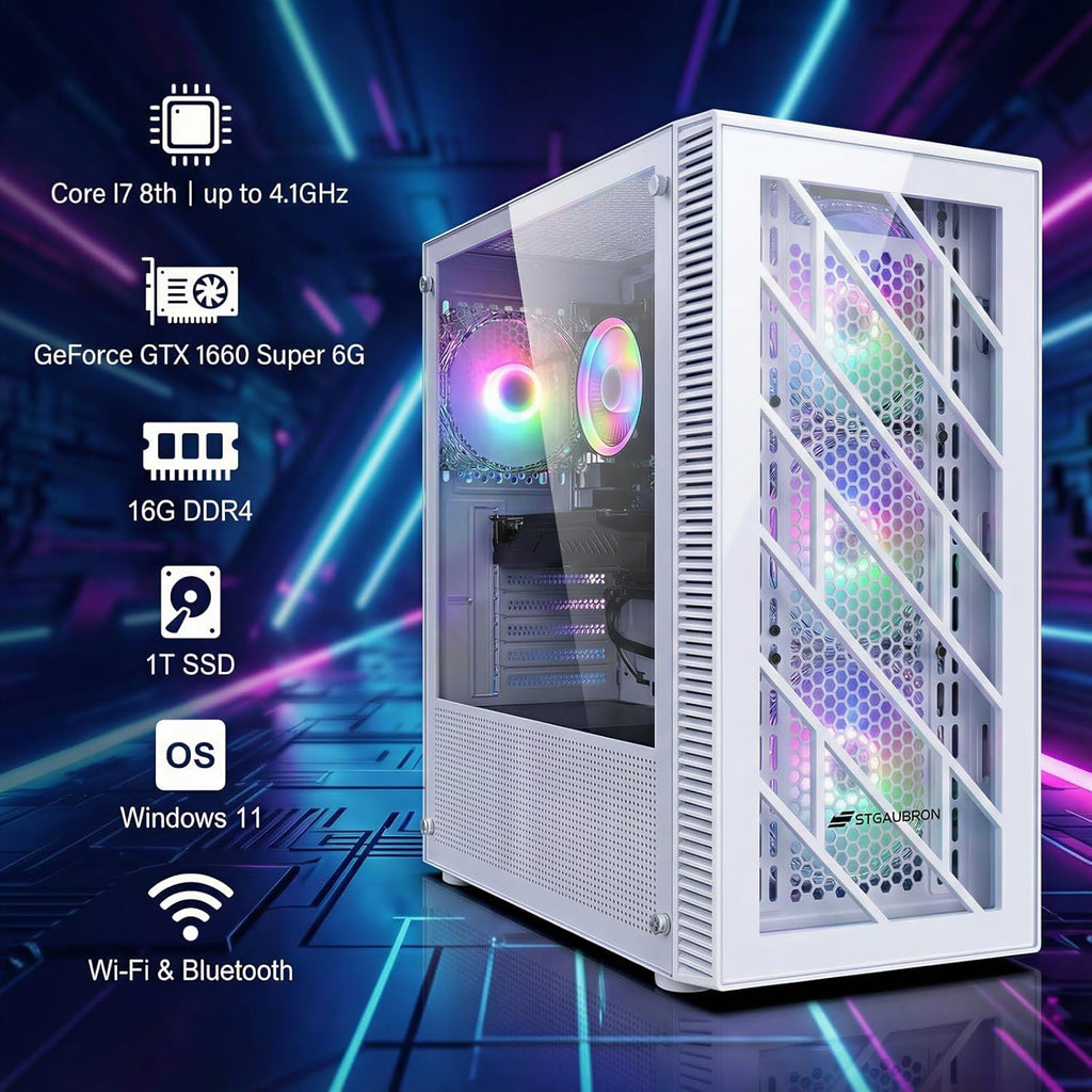 STGAubron Gaming PC Desktop Computer, 8th Gen Intel Core i7 up to 4.1G, GeForce GTX 1660S 6G, 16GB DDR4, 1T SSD, WiFi 6 & BT 5.2, RGB Fan x4, Windows 11 Home