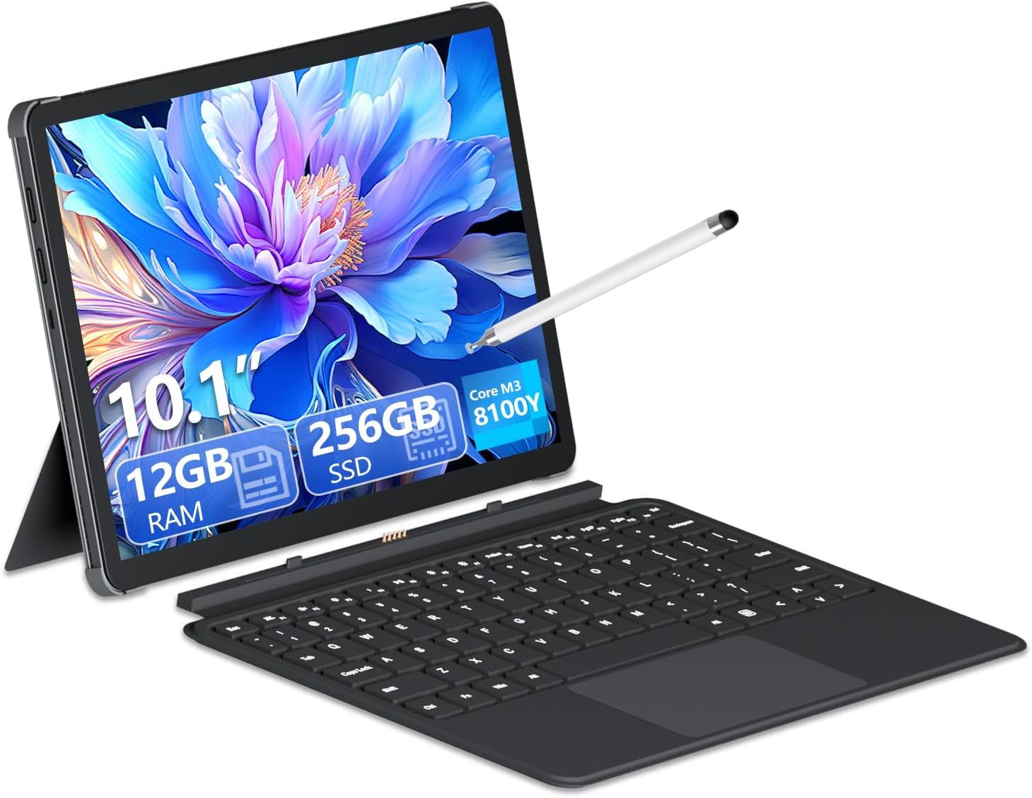 10.1" 2 in 1 Tablet/Laptop Computer, 12GB RAM+256GB SSD, Touchscreen Laptops with Stylus and Keyboard, M3-8100Y Processor(up to 3.40GHz), Backlit Keyboard,WiFi 5, BT 5, HDMI, Dual Camera