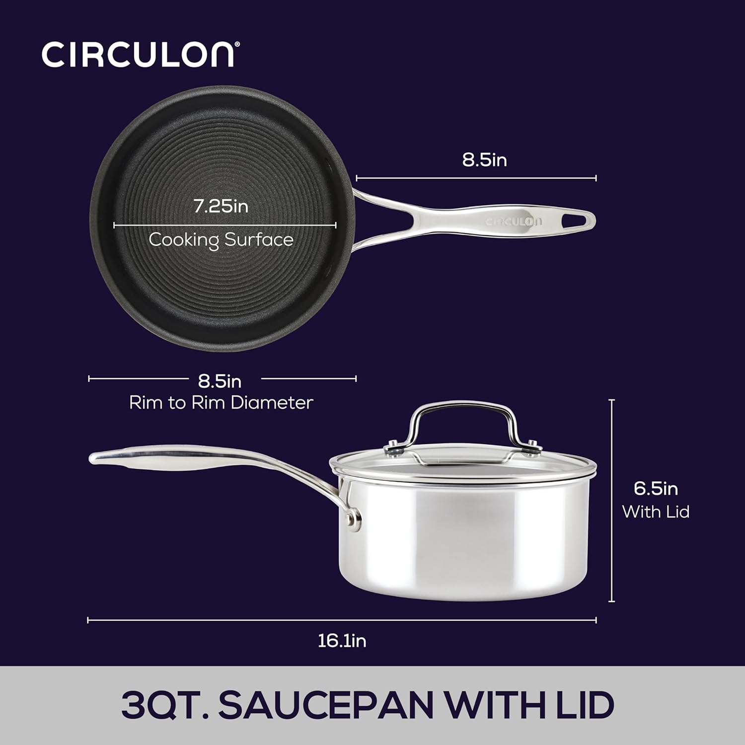 Circulon C1 Series Clad Stainless Steel with ScratchDefense Technology Cookware Nonstick Induction Saucepan with Lid, Metal Utensil Safe, 3 Quart - Polished Stainless Steel