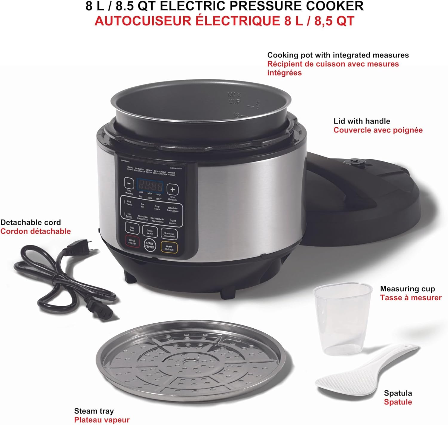 Starfrit Electric Pressure Cooker - 8L Capacity - Steam Tray, Measuring Cup & Spatula - 11 Preset Cooking Functions